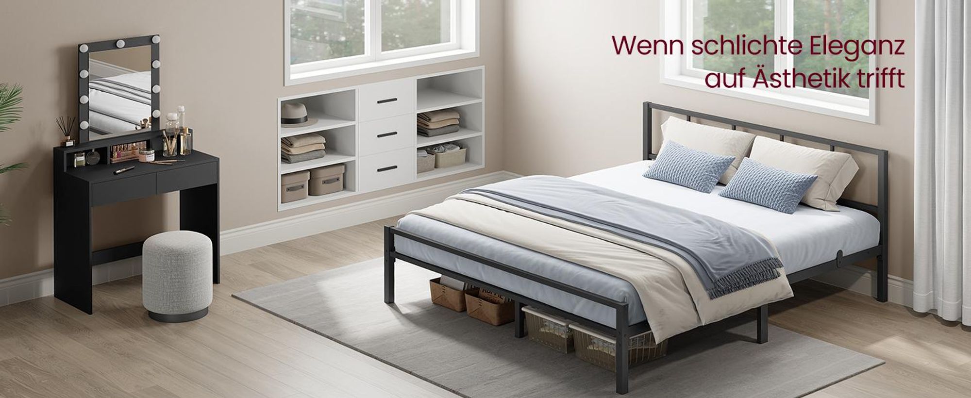 VASAGLE Metallbett 160 x 200 cm, stabiler Bettrahmen mit Kopfteil und Lattenrost, Bettgestell, einfache Montage, schwarz