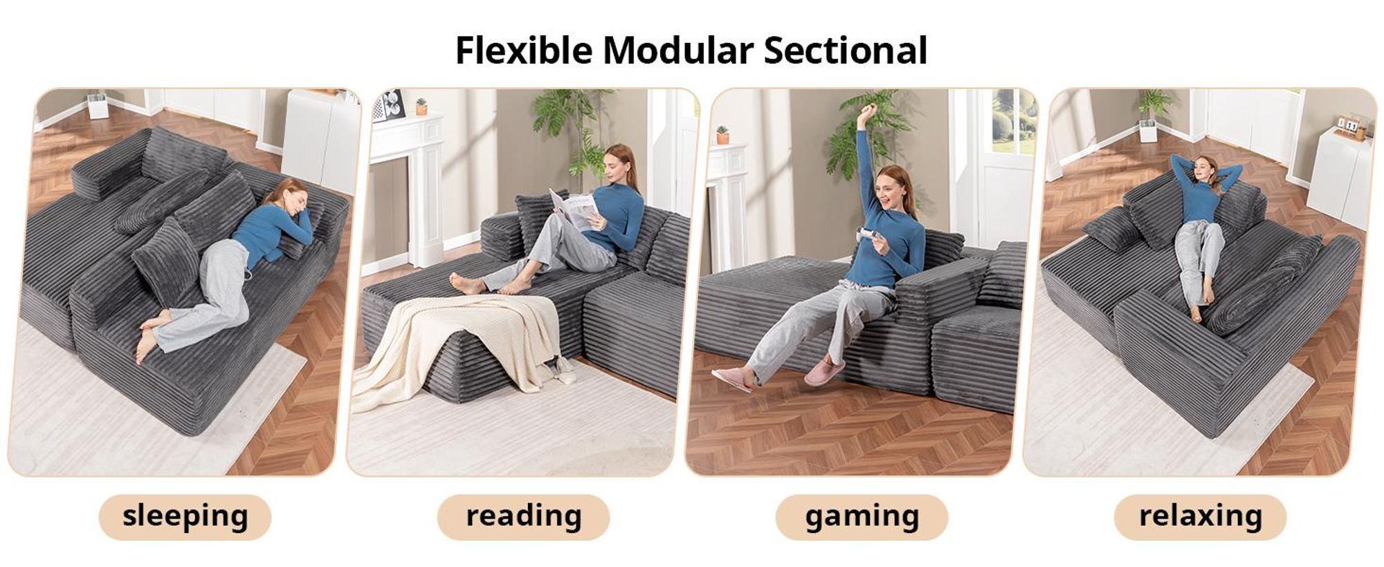 COMHOMASofa Big-Sofa, L-förmige Sofa, Couch Ecksofa, Chaiselongue Schlafsofa mit tiefer Sitzfläche und breiten Armlehnen, Cordstoff dunkelgrau-R