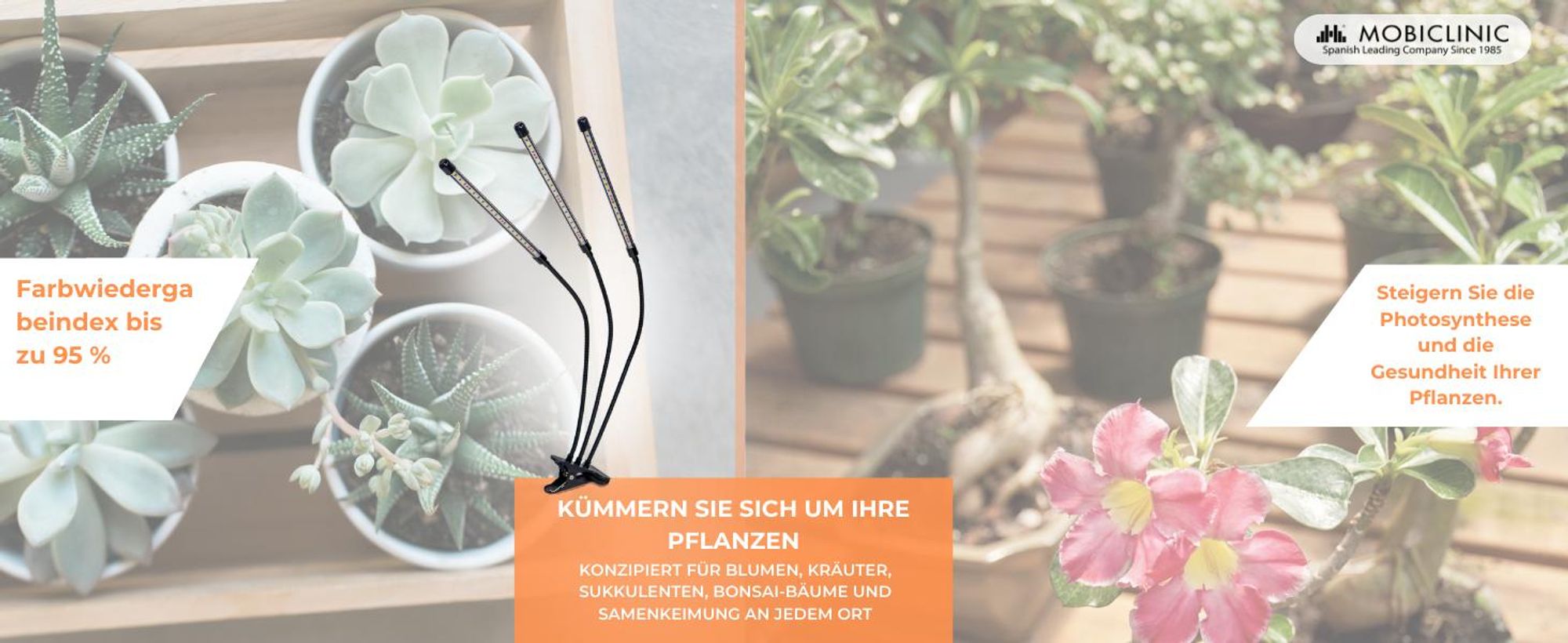 Mobiclinic, Pflanzenlampe, LED, GrowFlex X3, 3 Modi, 6000K, 10 Helligkeitsstufen, 3 Köpfe, Vollspektrum, , Timer, 360° Rotation, 60W, USB, Grow lampe