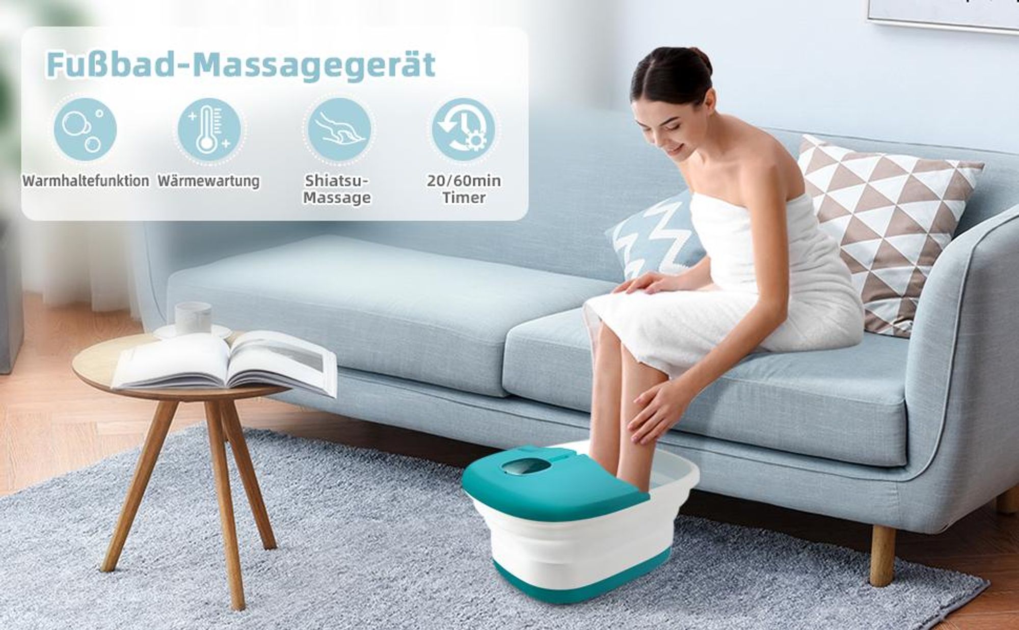 COSTWAY Elektronisches Fußsprudelbad 500W, Shiatsu-Fußmassagegerät klappbar, Fußbad mit 41/43/45℃ Heizung, 3 Modi, 16 Massagerollen & Bimsstein Blau
