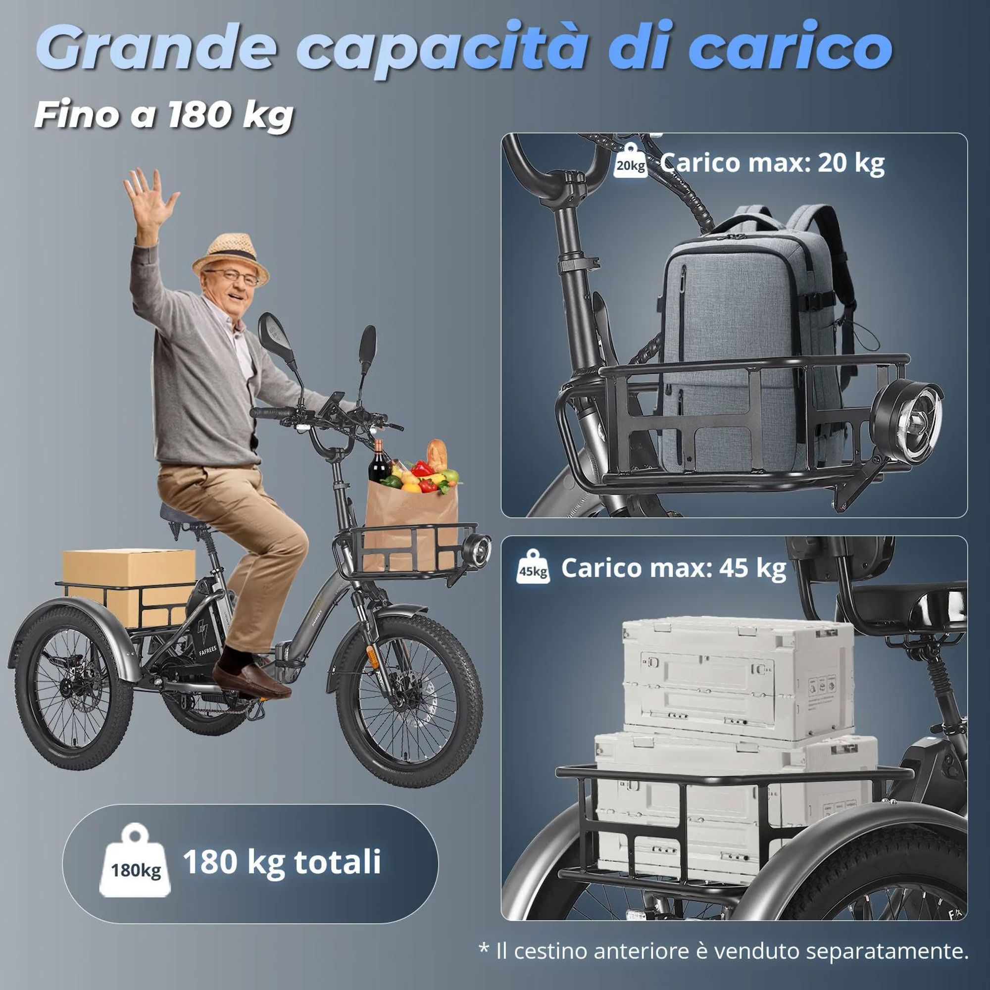 FAFREES F20 Mate Triciclo Elettrico - Batteria 48V21AH Freni a Disco Idraulici 20 Pollici Pneumatici - Grigio blu