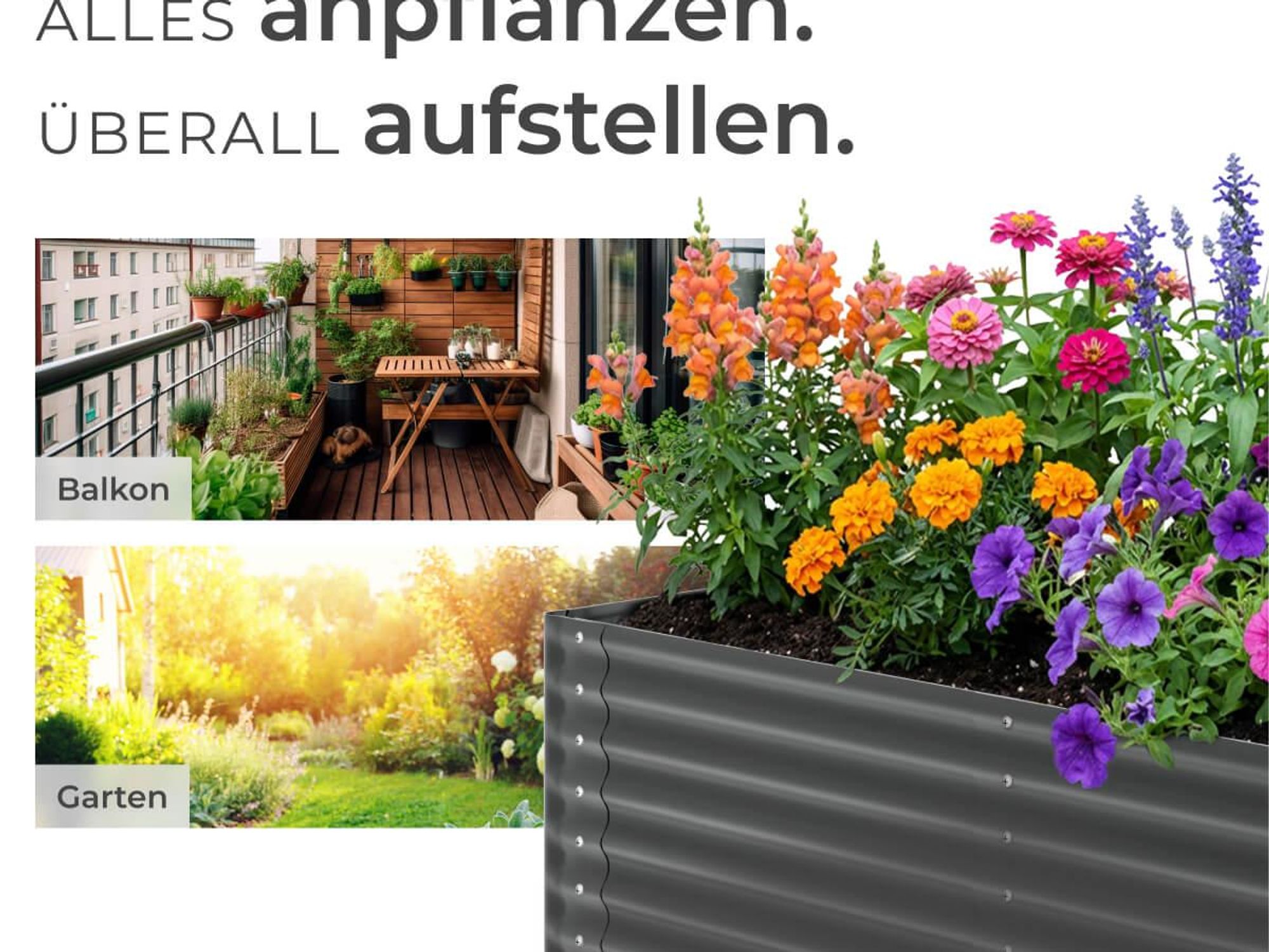 tectake Hochbeet Blomma verzinkt 200x80x62cm 970L Stahl Pflanzbeet Gartenbeet Kräuterbeet Gemüsebeet offener Boden abgerundete Ecken