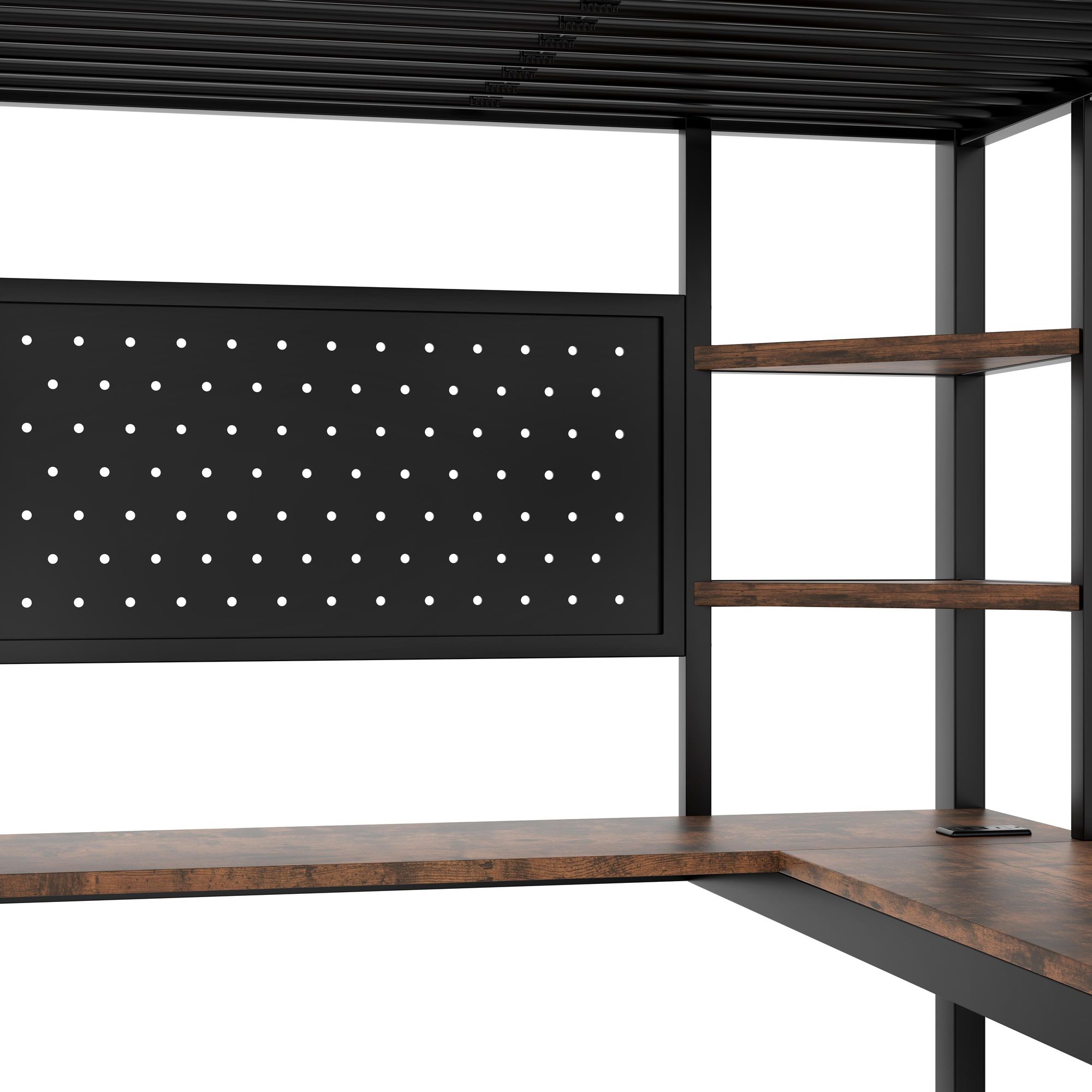 Merax Etagenbett Hochbett 90x200 cm, mit Schreibtisch, Lochbrett, Ablagen, Eisenbett mit LED-Leiste, USB & Type-C, Kinderbett, Stockbett, Schwarz