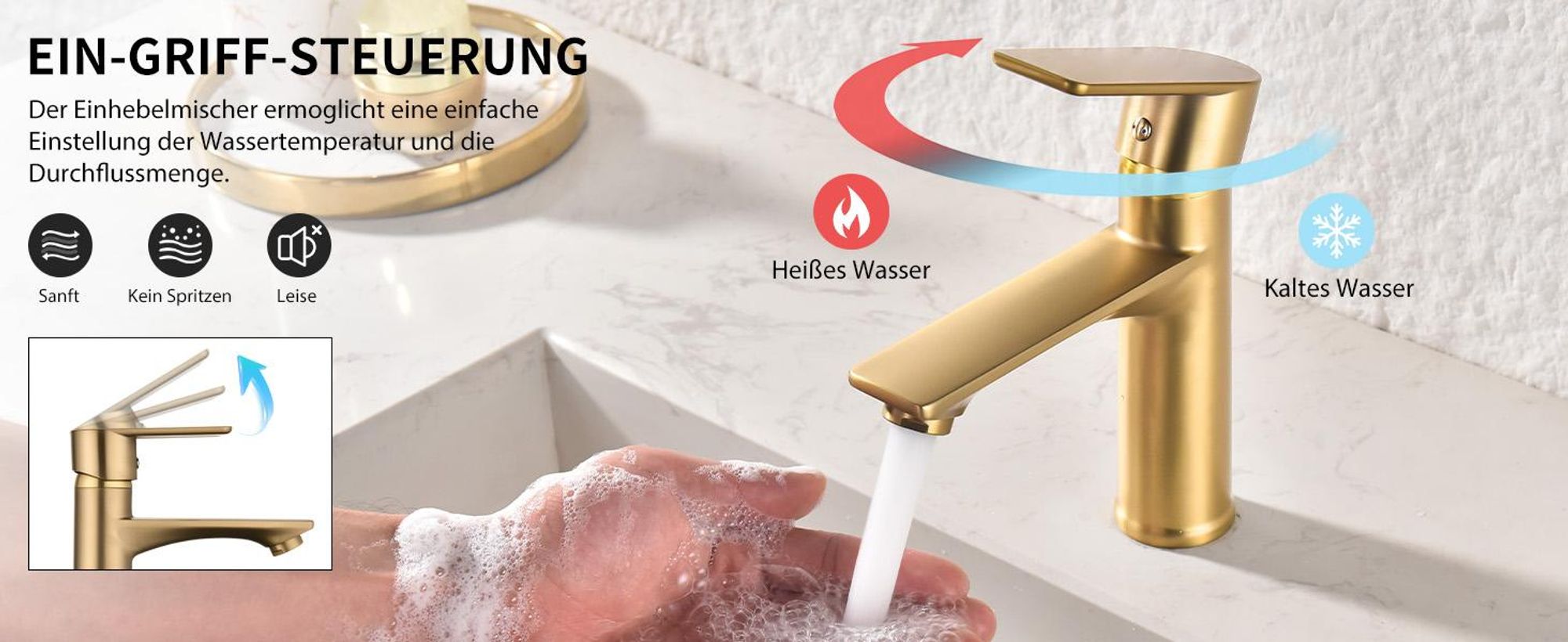 Homelody Wasserhahn bad, Mischbatterie Wasserhahn, Waschtischarmatur Einhebelmischer, Badarmatur waschbecken Spültischarmatur, Gebürstetes Gold