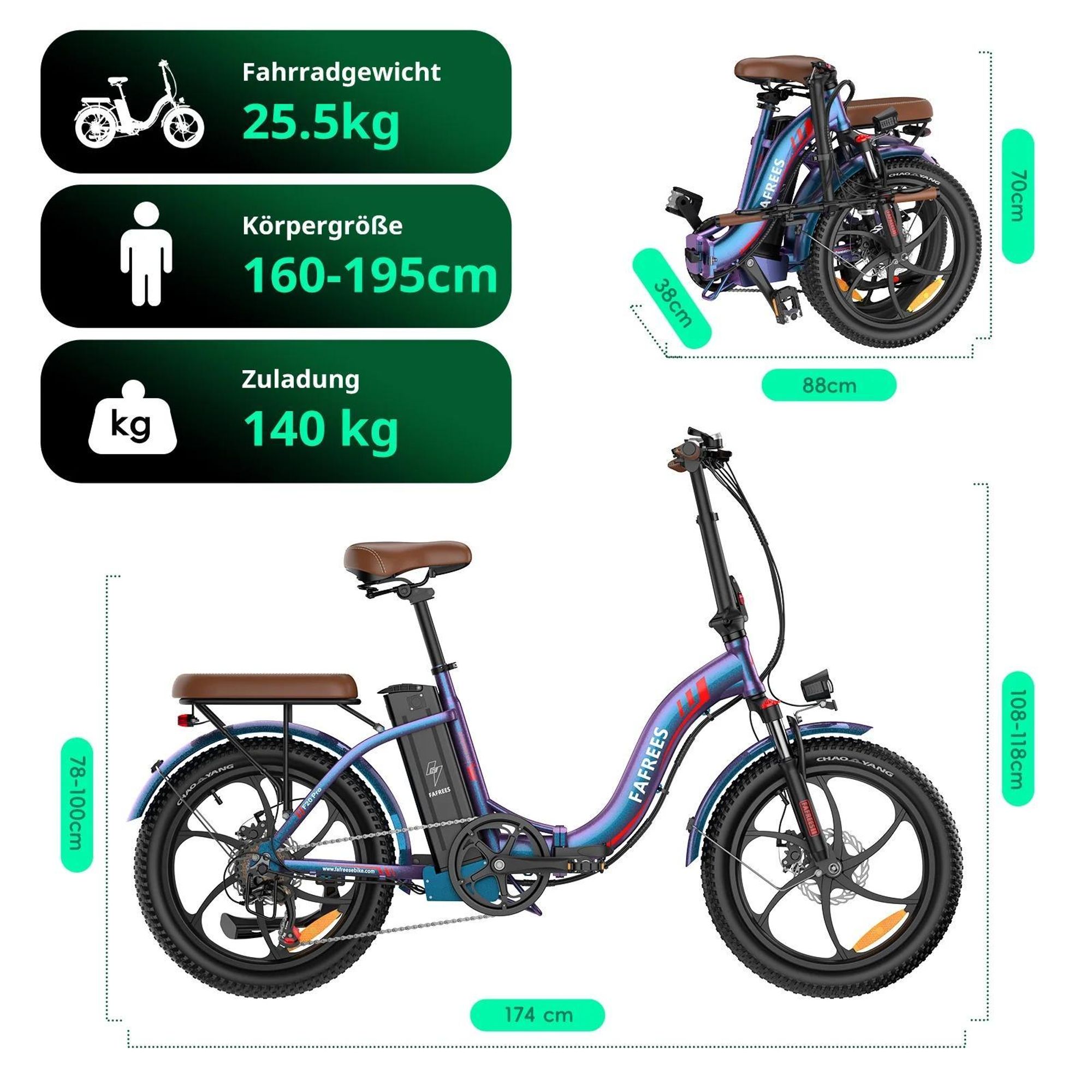 E-Bike FAFREES F20 Pro - Motor 250W Batterie 36V20Ah 20 Zoll Reifen Mechanische Scheibenbremsen - Aurorablau