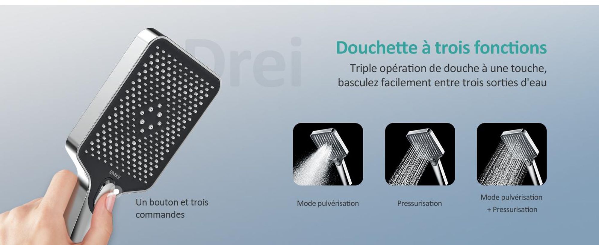 EMKE Système de douche avec thermostat 1146x450x480mm tablette en verre douchette à main avec 3 types de jets douche de pluie, robinetterie de salle de bain & douche, KTW, chrome F10