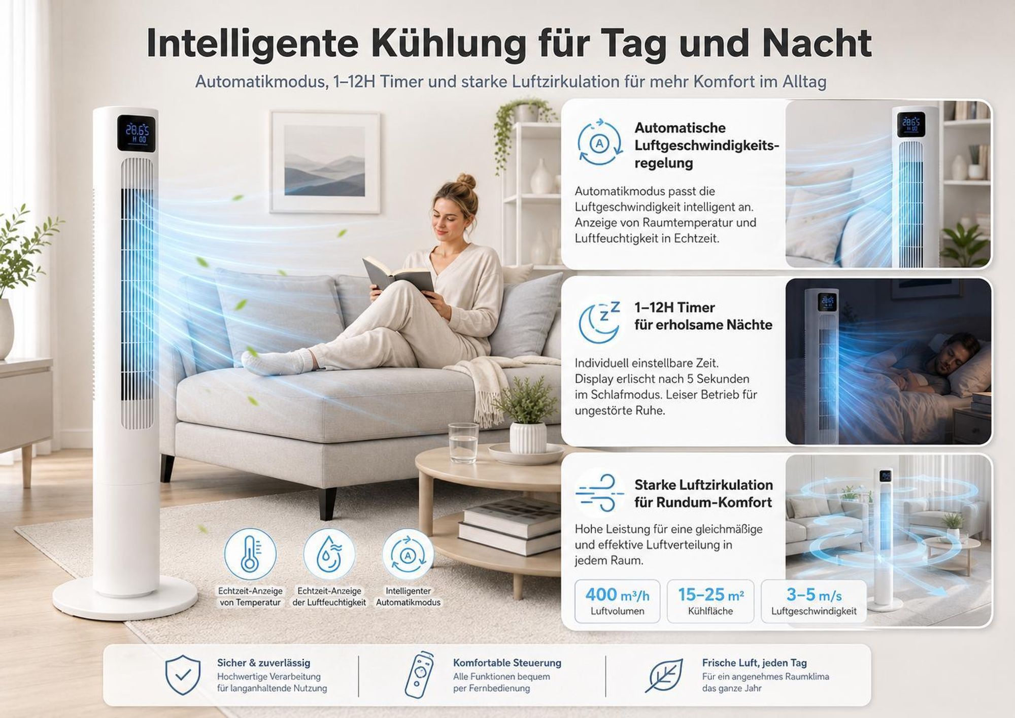 Draixcor Turmventilator leise 110 cm, Tower Ventilator mit Fernbedienung, 90° Oszillation, 12h Timer, 4 Modi, 4 Stufen, LED-Display für Schlafzimmer