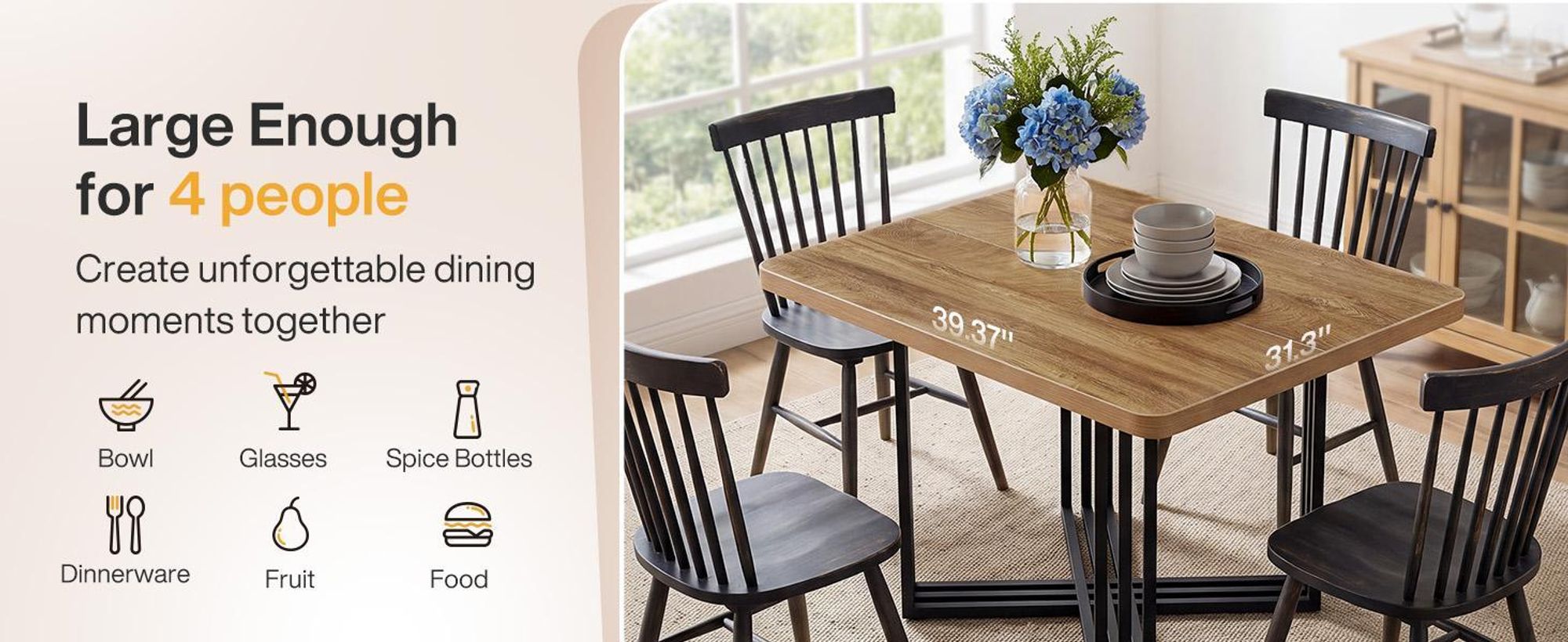 Tavolo da pranzo lungo 140 cm, adatto per 4 persone, tavolo da cucina in stile rustico realizzato in legno con gambe in metallo, tavoli da pranzo rustici per la casa, per la sala da pranzo, ideali per piccoli ambienti