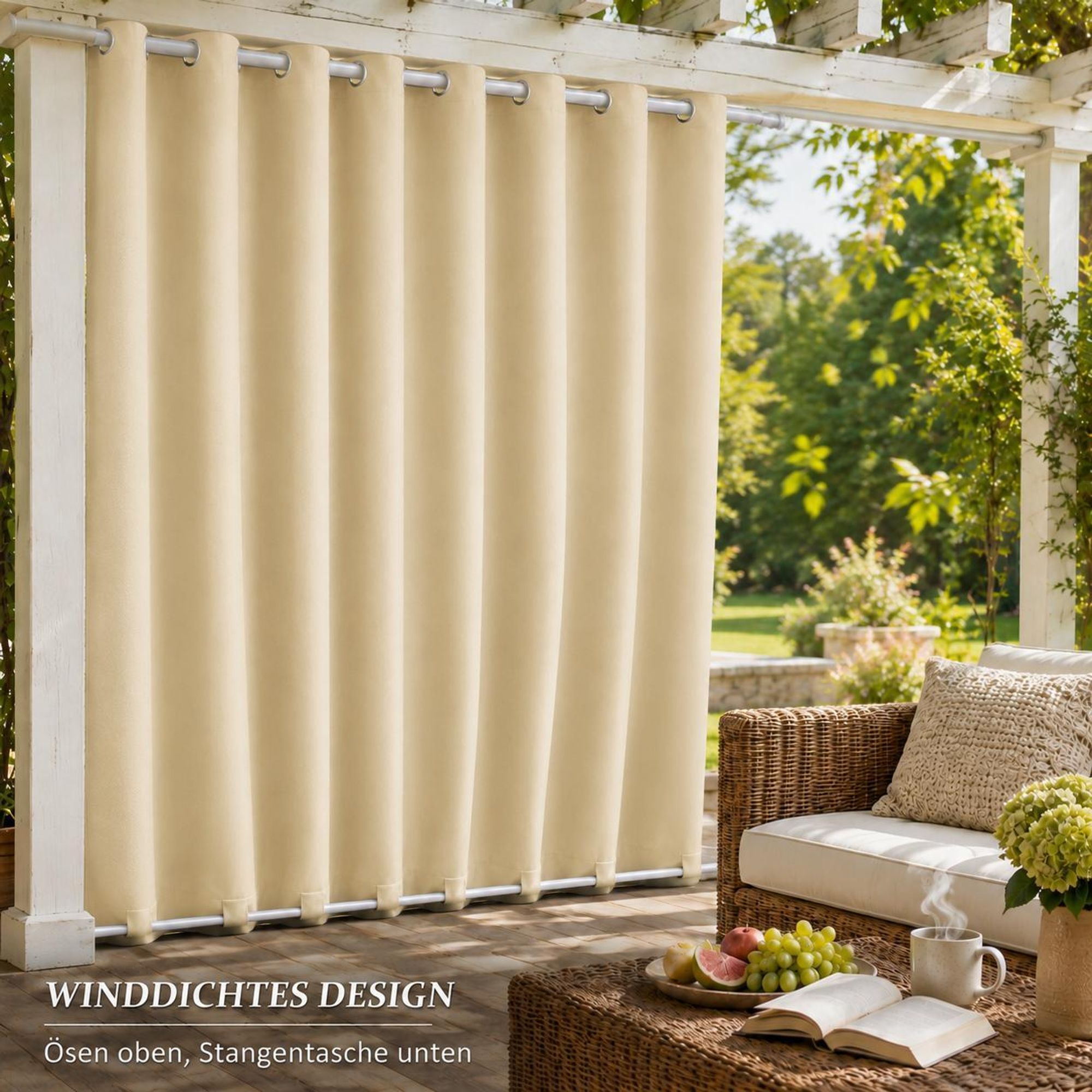 1x Garden Outdoor Vorhang Wetterfest Mit ösen Wasserdicht extra breite Privatsphäre UV-Schutz für Balkon Terrasse Patio Pavillon, 180x213cm, Beige