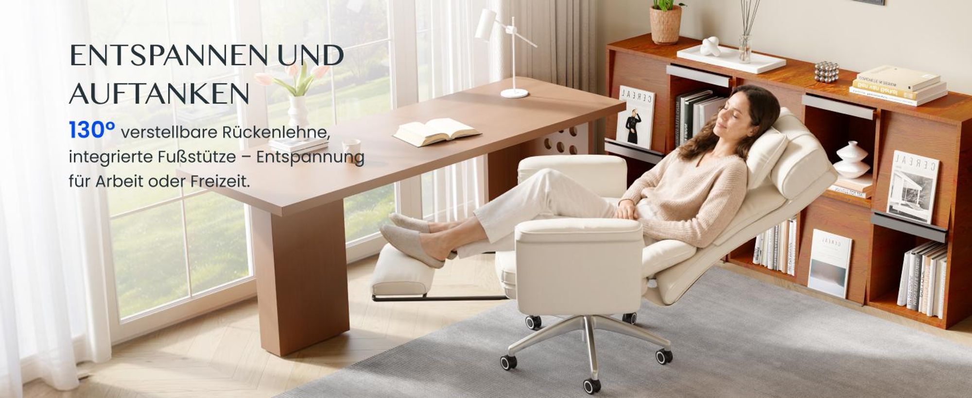 FLEXISPOT Ergonomischer Bürostuhl, 180° klappbare Armlehnen, aus kratzfestem Kunstleder, höhenverstellbare Kopfstütze, 90–130° verstellbar, Beige