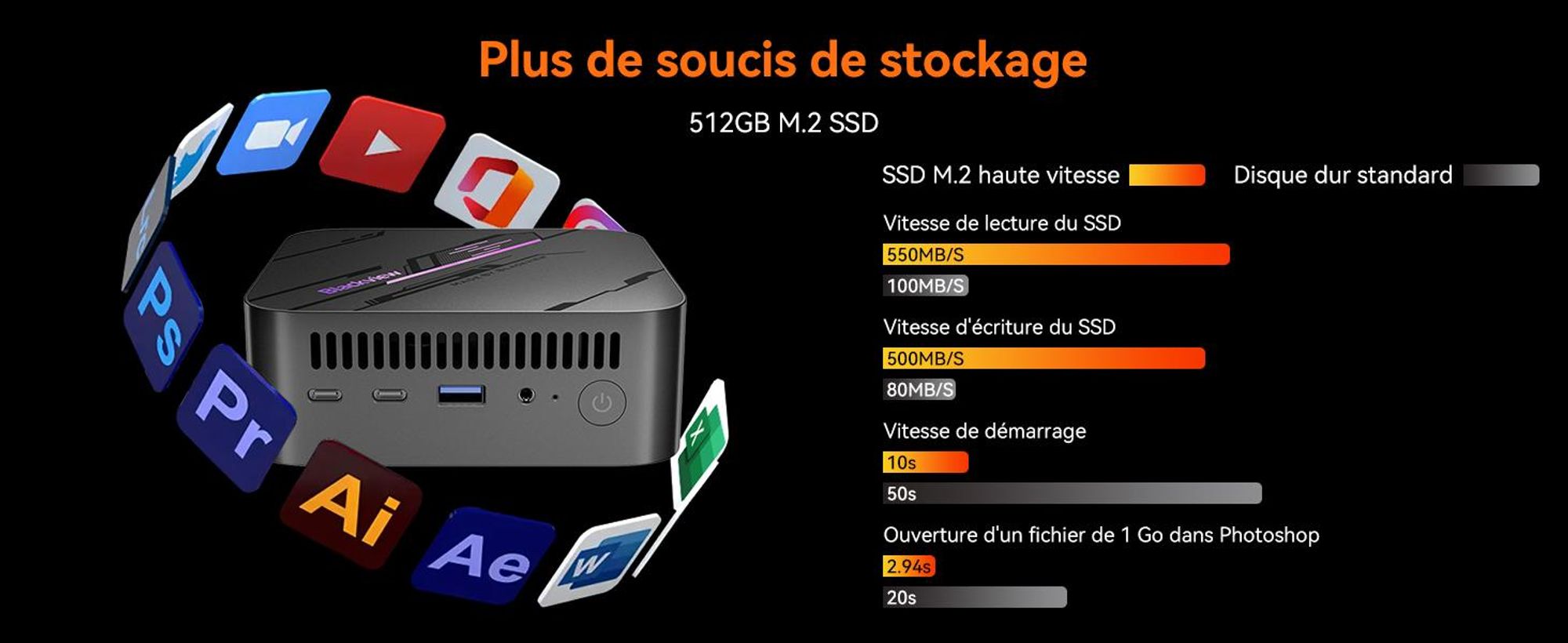 Blackview MP100 Mini PC, processeur Intel i3-1215U jusqu'à 4,4 GHz, 16 Go de RAM DDR5, SSD PCIe 4.0 de 512 Go, résolution 4K à 144 Hz, WiFi 6, ports DP et HDMI, système d'exploitation Windows 11 Pro, livré avec le clavier K1
