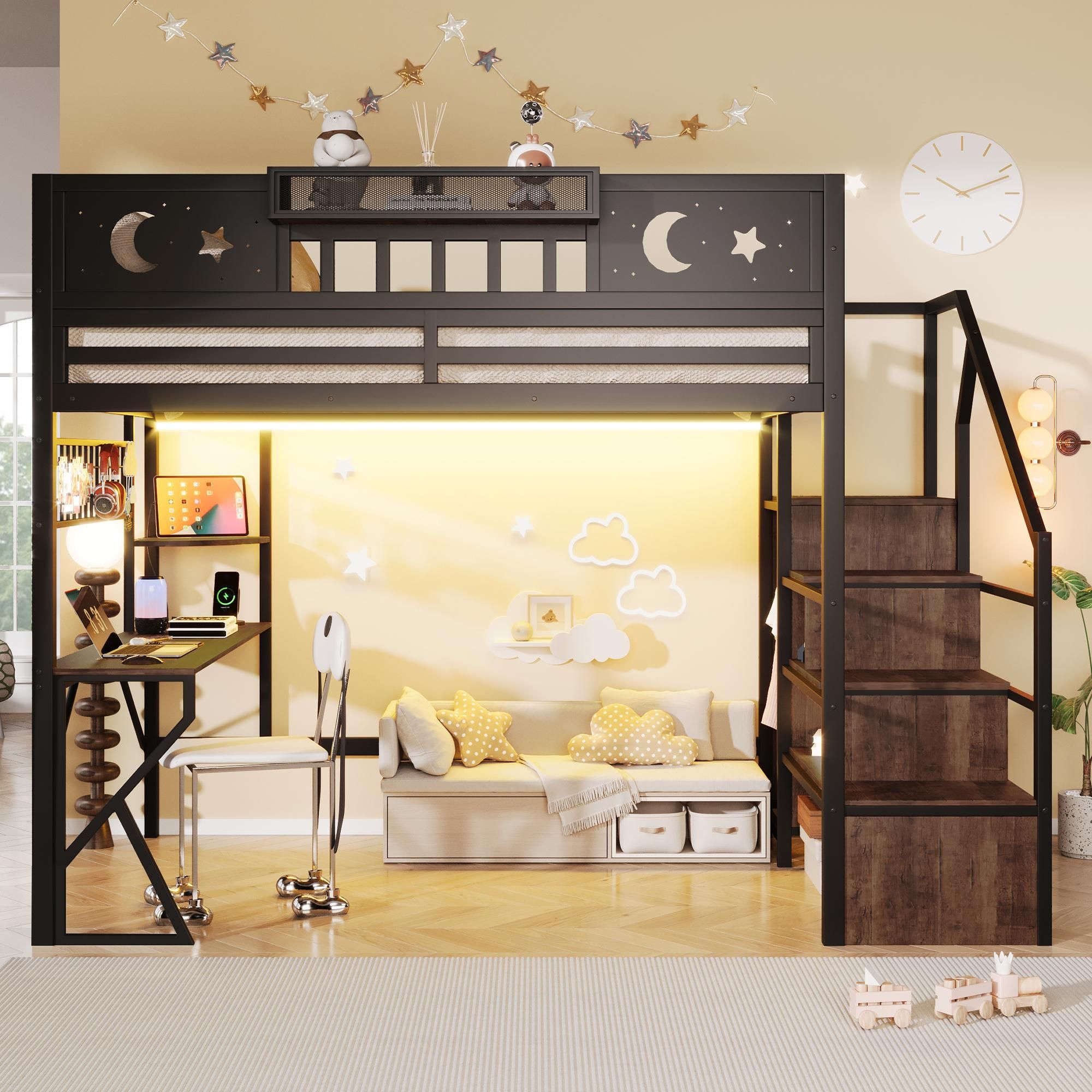 Flieks Etagenbett 140x200cm mit USB, Hochbett mit Led, Kinderbett Jugendbett mit Schreibtisch und Lochwand, Stockbett Metallbett mit Treppe, Schwarz
