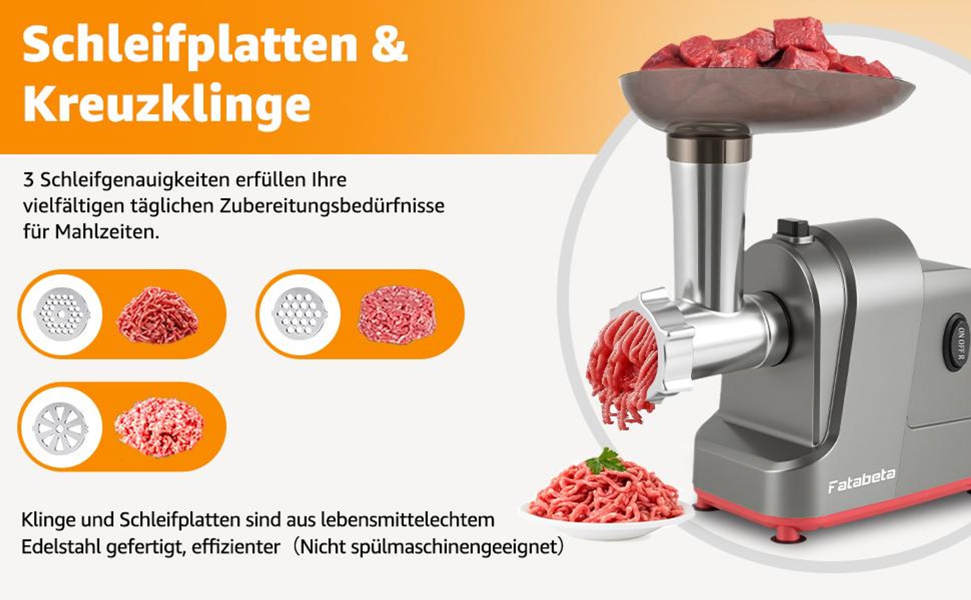 FATABETA Fleischwolf 3000 W Edelstahl, 2-in-1 Fleischwolf & Wurstfüller mit Gemüseschneider, leistungsstarke Küchenmaschine für frisches Hackfleisch
