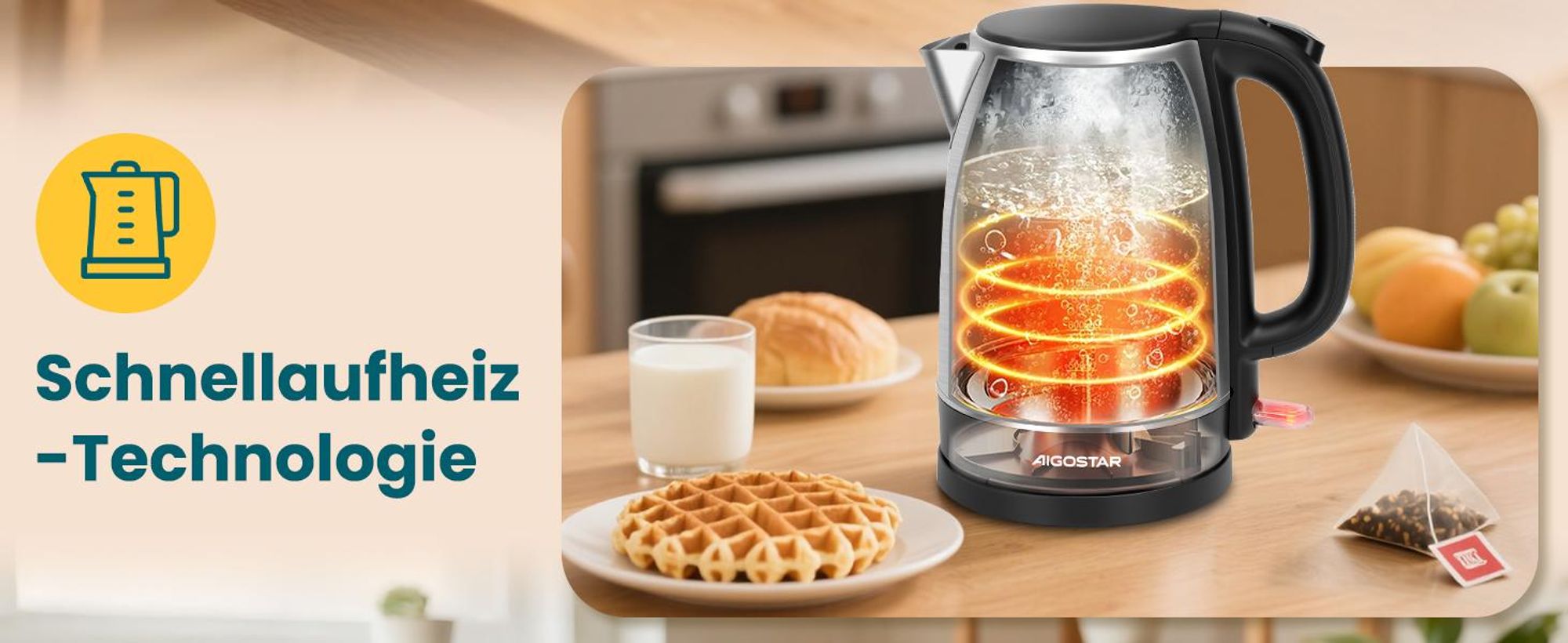 Aigostar 30LYF/300104LYF Schnurloser Wasserkocher, Edelstahlgehäuse, 1,7 l FÃ1/4llmenge, 2200 Watt, 360° Sockel, Trockengehschutz, Abschaltautomatik