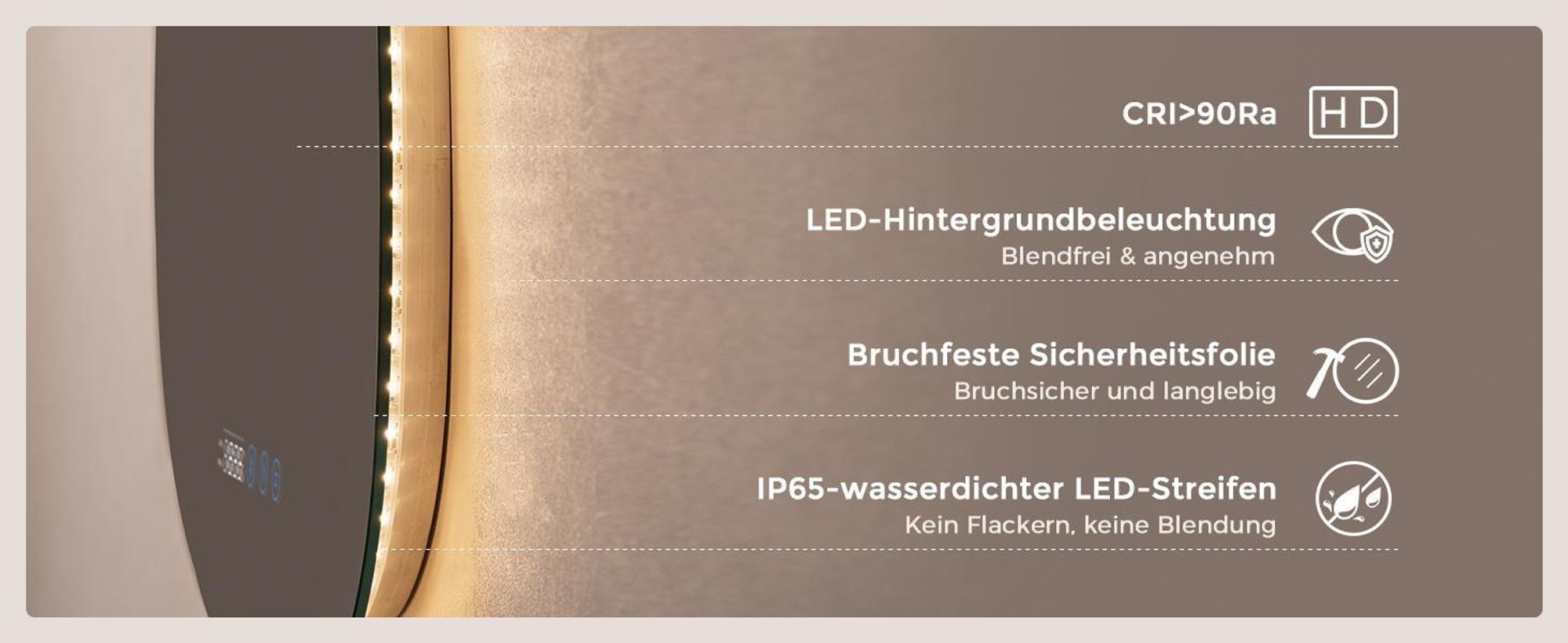 S'AFIELINA 75 x 55 cm Badspiegel mit Beleuchtung Asymmetrisch mit 3 Lichtfarben dimmbar, beschlagfrei, Bluetooth, Uhr, Temperatur, Speicherfunktion