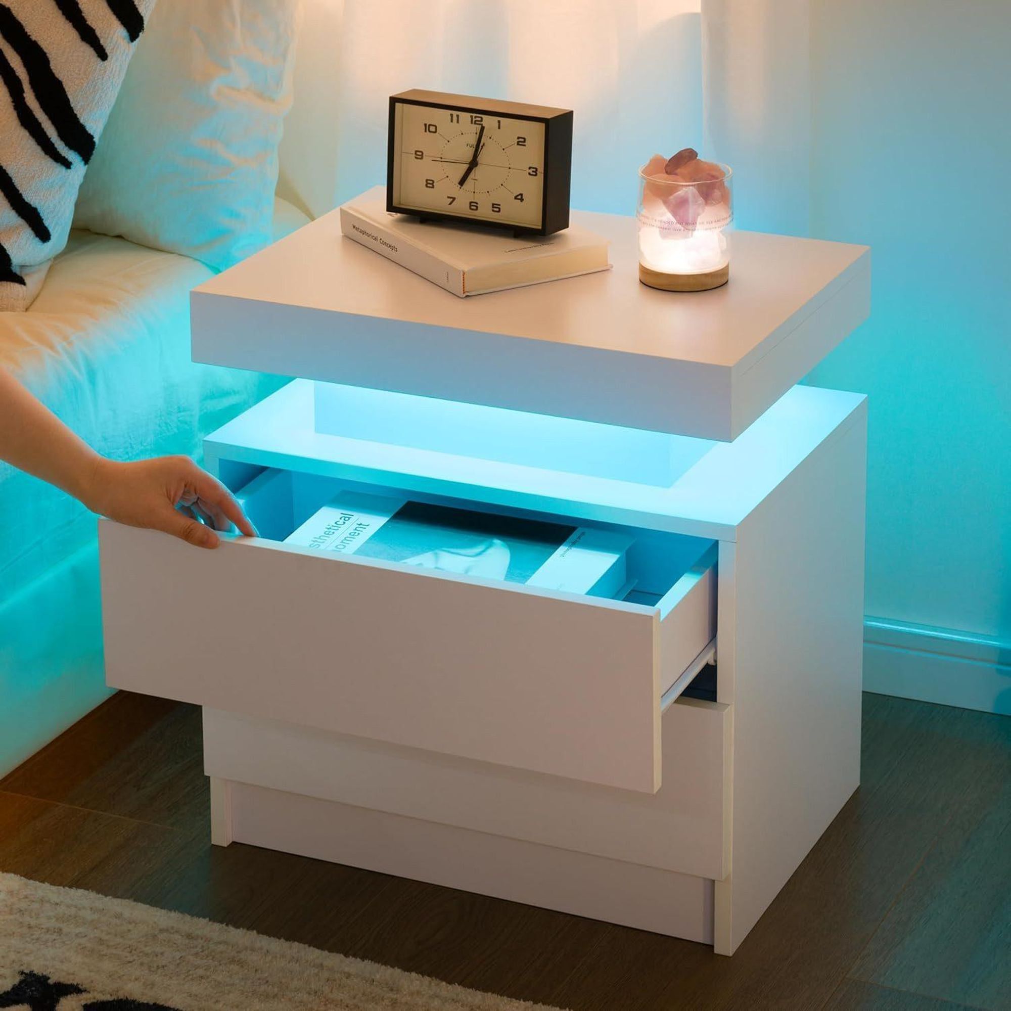 OYAJIA Nachttisch Hochglanz Nachtschrank mit 2 Schubladen,LED-Beleuchtung 16 Farben Nachttisch mit LED Streifen, Beistelltisch, Nachttisch Sofatisch