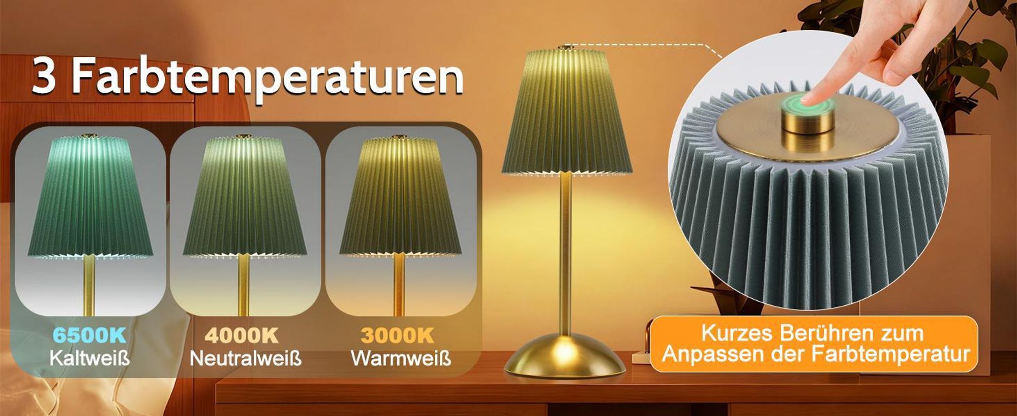 ZMH Lampe de chevet Set de 2 lampes de table sans fil - Lampe de table LED rechargeable Touch Dimmable USB Rechargeable Lampe de salle à manger Tissu Design moderne Lampe de chevet pour le salon Chambre à coucher Table à manger