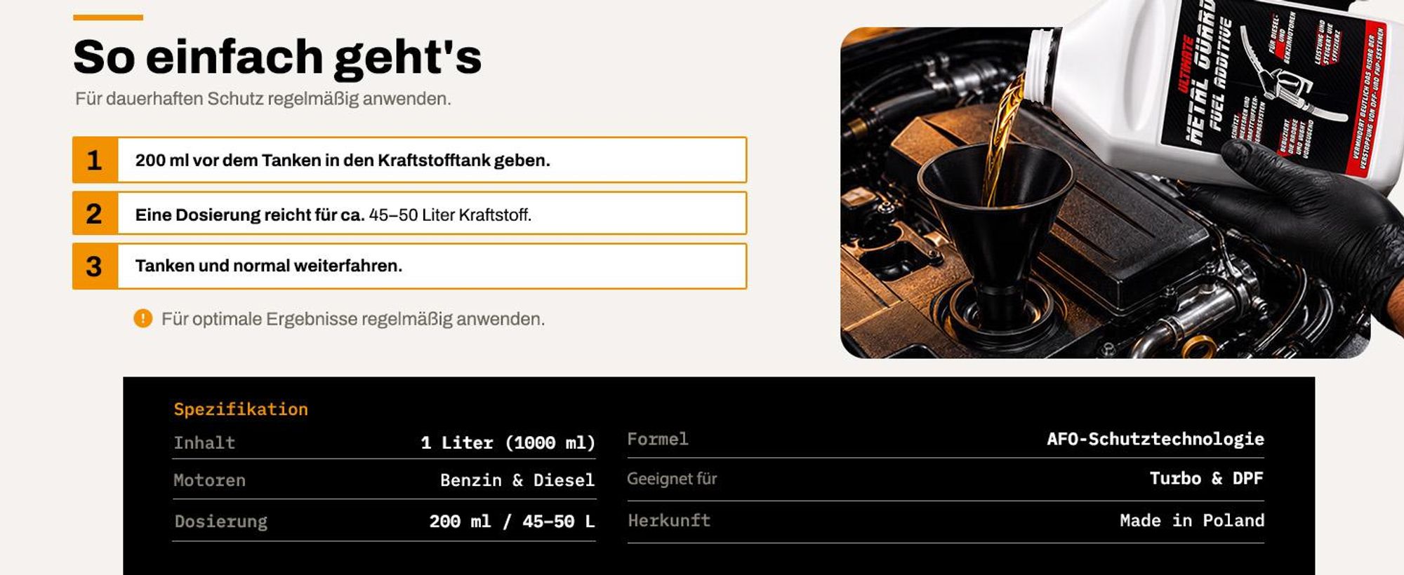 Metal Guard Fuel Additive 1L Kraftstoffadditiv Diesel Benzin DPF GPF Schutz Reinigung Schmierung für Injektoren Pumpen Tuning