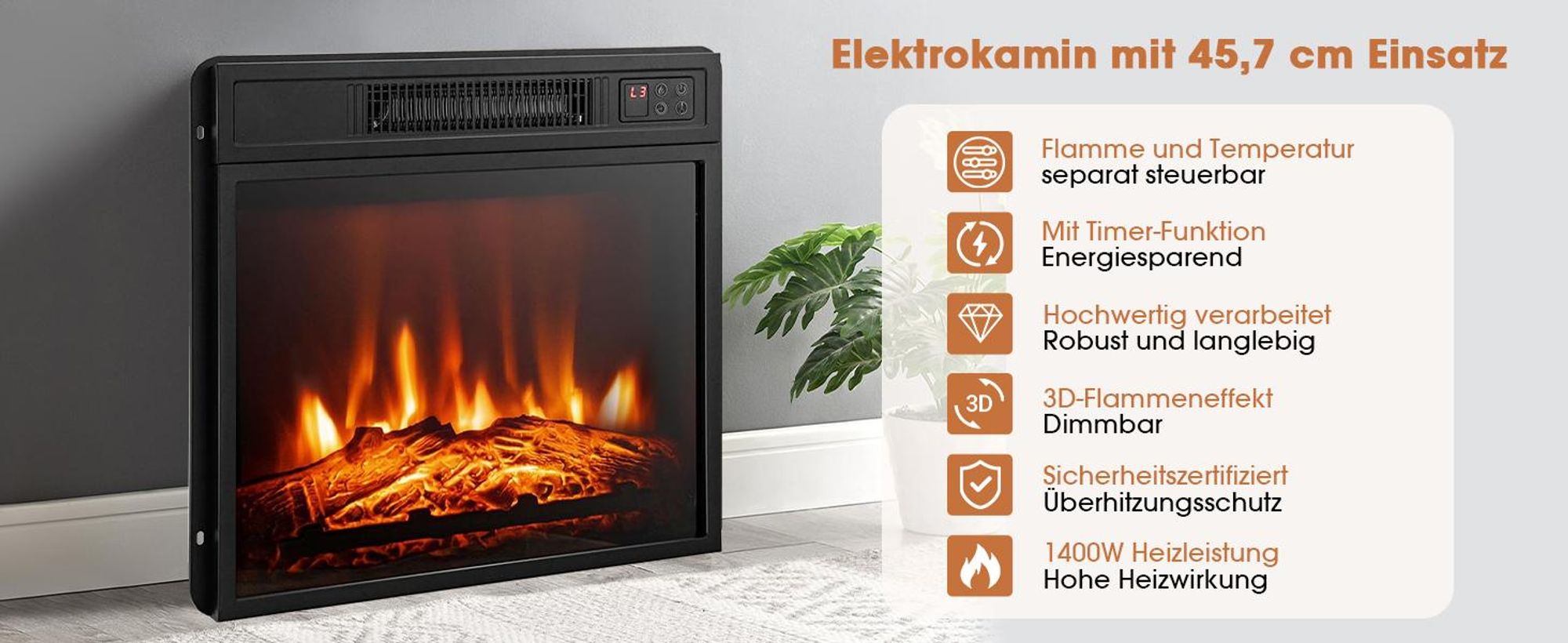 Parrot Uncle TV-Schrank für Fernseher bis 55 Zoll, MDF, Grau , mit 18" Elektrokamin, eignet sich für Eckaufstellung, 114x 56x 76 cm, 45 kg Tragkraft