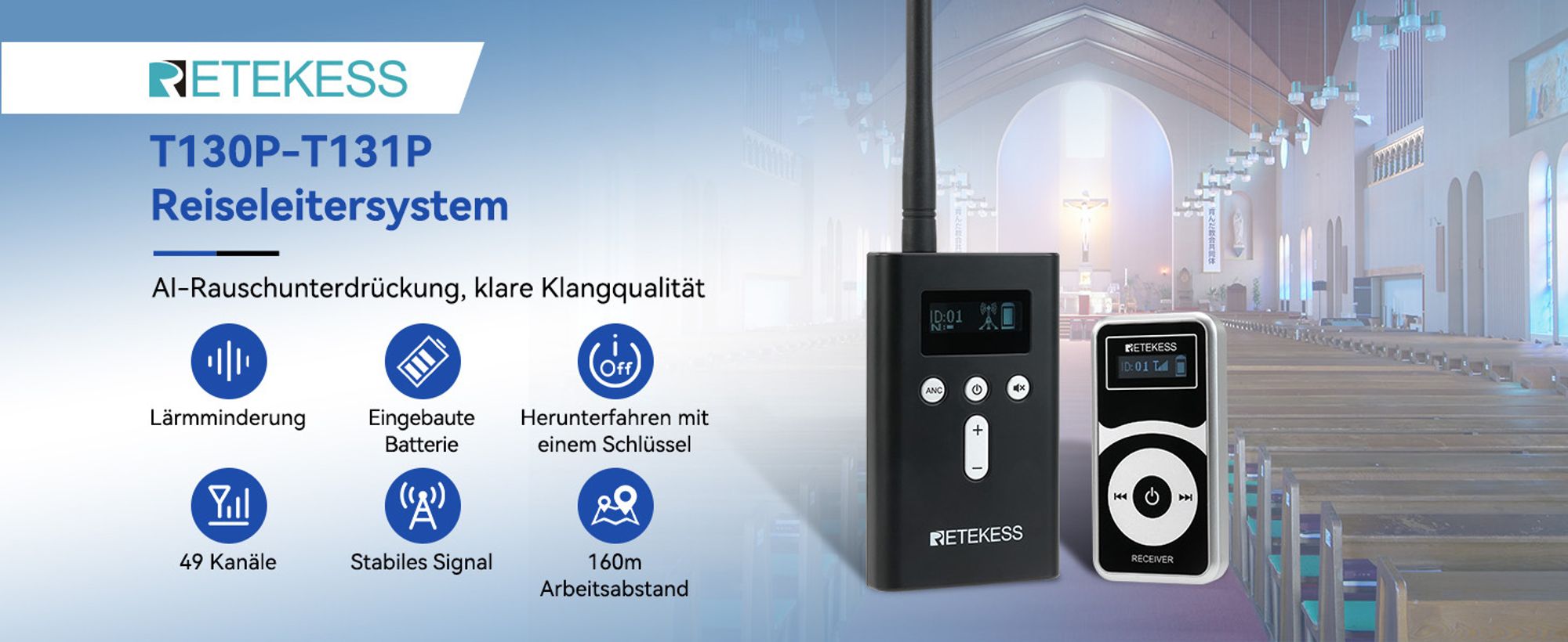 Retekess T130P Kabelloses Audio Guide System, Whisper Tour Guide, 160m, Lange Standby, Abgestufte Geräuschreduzierung, Typ-C Aufladung 10 Empfänger