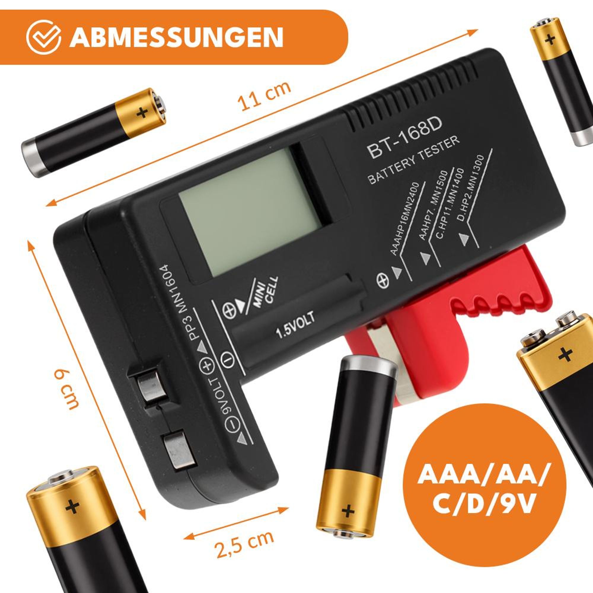 KRUMAD Digitaler Batterietester für AA, AAA, 9V, C, D, Knopfzellen - Kompakt, Tragbar, Ideal für Haushalt, Geräteprüfung und Strommessung