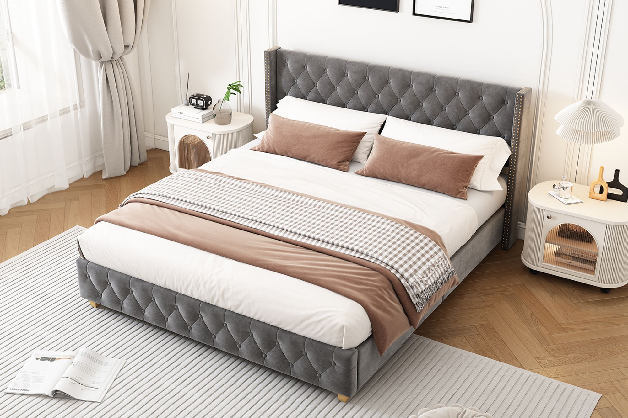 okwish Polsterbett 140×190cm Bettgestell Jugendbett mit Lattenrost & Kopfteil, Knopfpolsterung, Nietenpolsterung, Samt, Grau,Ohne Matratze