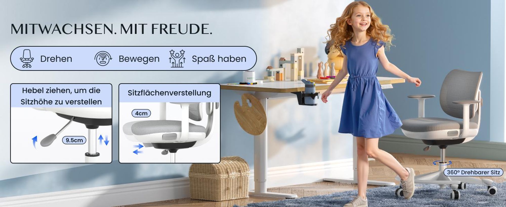 FLEXISPOT Kinderschreibtisch und Stuhl Set, elektrisch höhenverstellbar Schreibtisch, für Kinder ab 6 Jahren, mit 3 Speicherplätzen, Kindersicherung