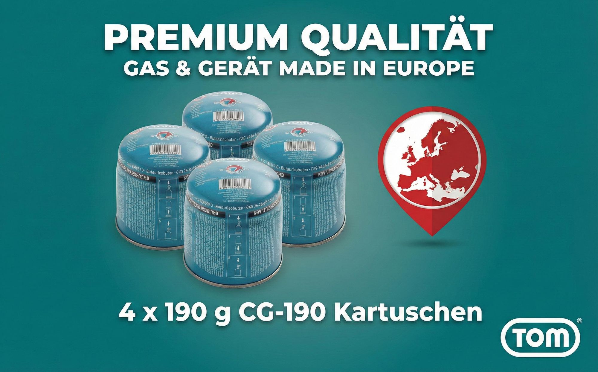 Lötbrenner Gasbrenner Bunsenbrenner SET | TOM GB-190 | mit 4 x 190g Gaskartuschen | 1300W |  94,5 g/h | Piezozündung