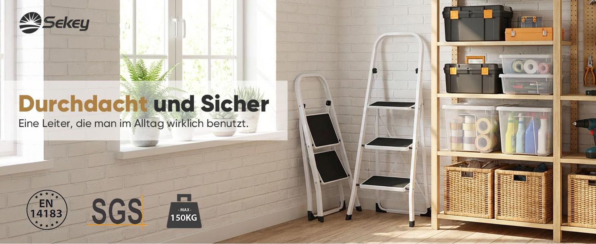 Sekey Trittleiter Klappleiter 3 Stufen – bis 150 kg, rutschfest, Lock-Klappsperre, Haushaltsleiter