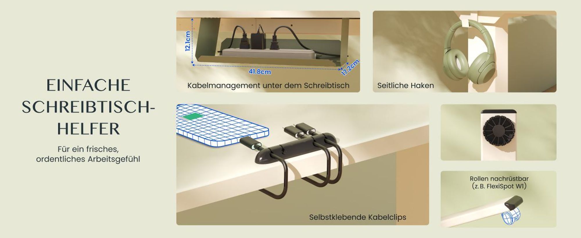 FLEXISPOT E1 Pro Elektrisch Höhenverstellbarer Schreibtisch 120x80cm 25MM EINTEILIGE TISCHPLATTE Doppelmotor 120KG Tragkraft 4 Speicherplätze, Mousseweiß+Mintgrün