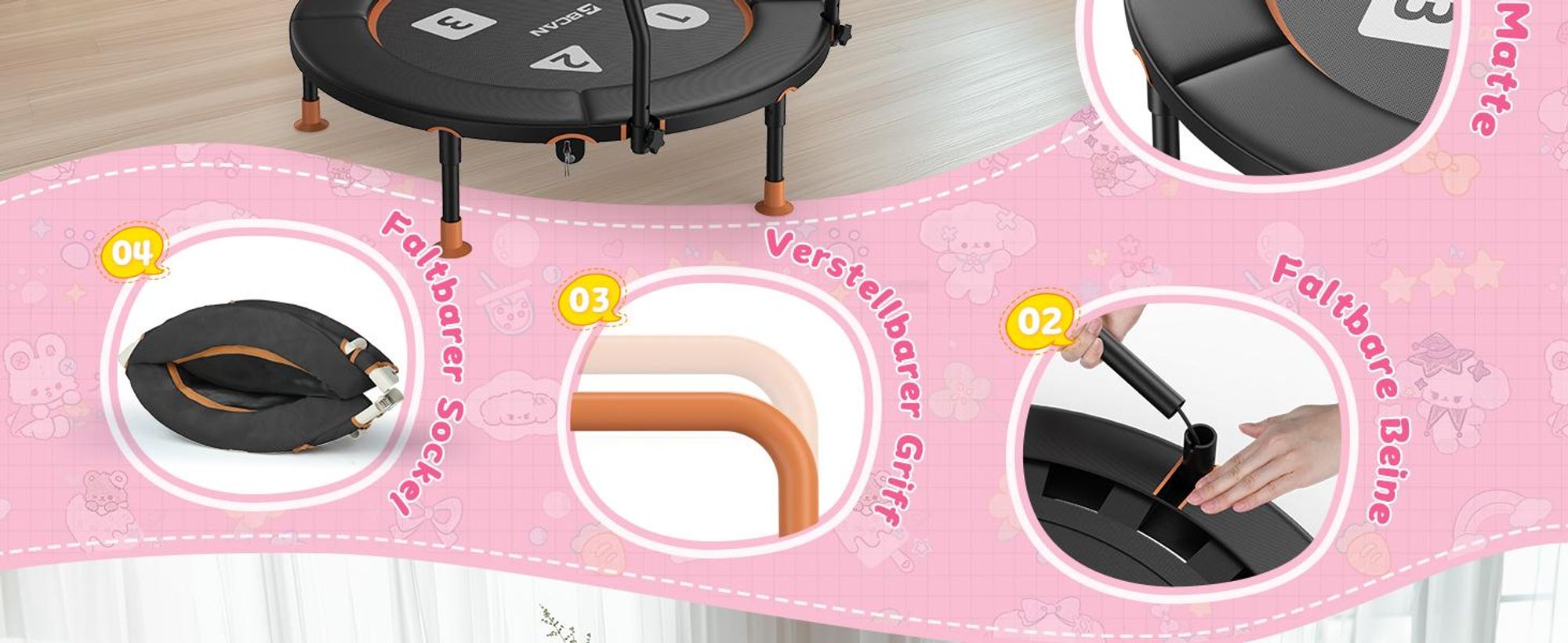BCAN 91 cm Kindertrampolin für 1–6 Jahre, platzsparend klappbares Innentrampolin mit ASTM-, stabiler Schaumgriff, lückenlose dicke Siche