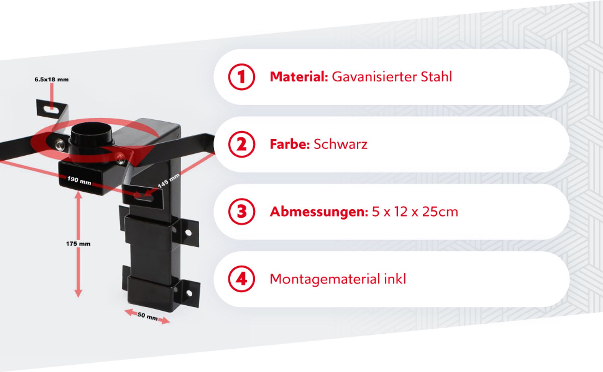 Wiltec Wandhalterung schwarz 50 x 120 x 250 mm für US Mailbox, amerikanischer Briefkasten mit Fahne, Standbriefkasten Wandhalter Stahl amerikanisches Design