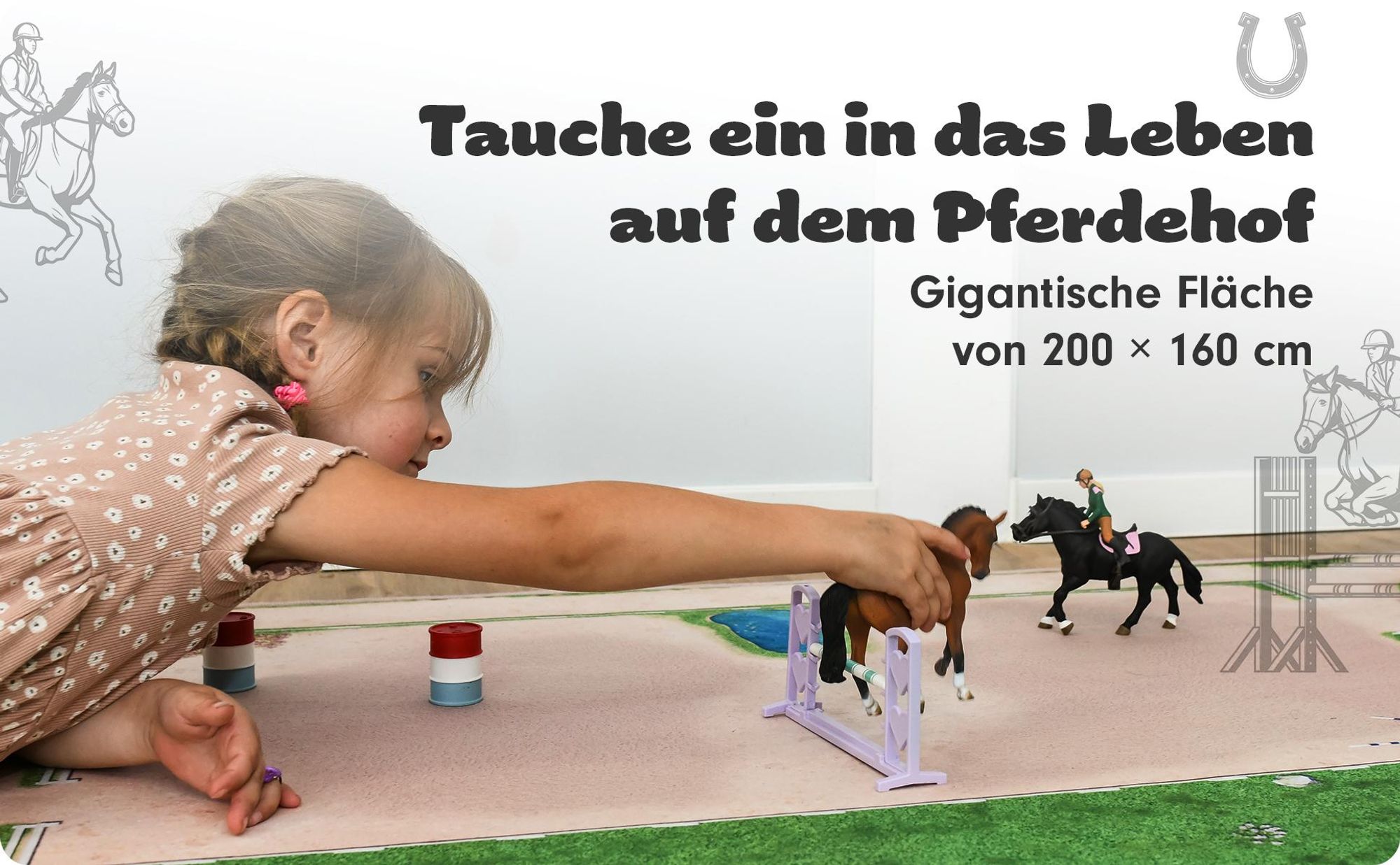 Pferde Spielteppich Großer Reiterhof Größe: 200cm x 160cm - Teppich Jungen & Mädchen Kinderzimmer, Kinderteppich für z.B. Schleich®, CollectA® Figure