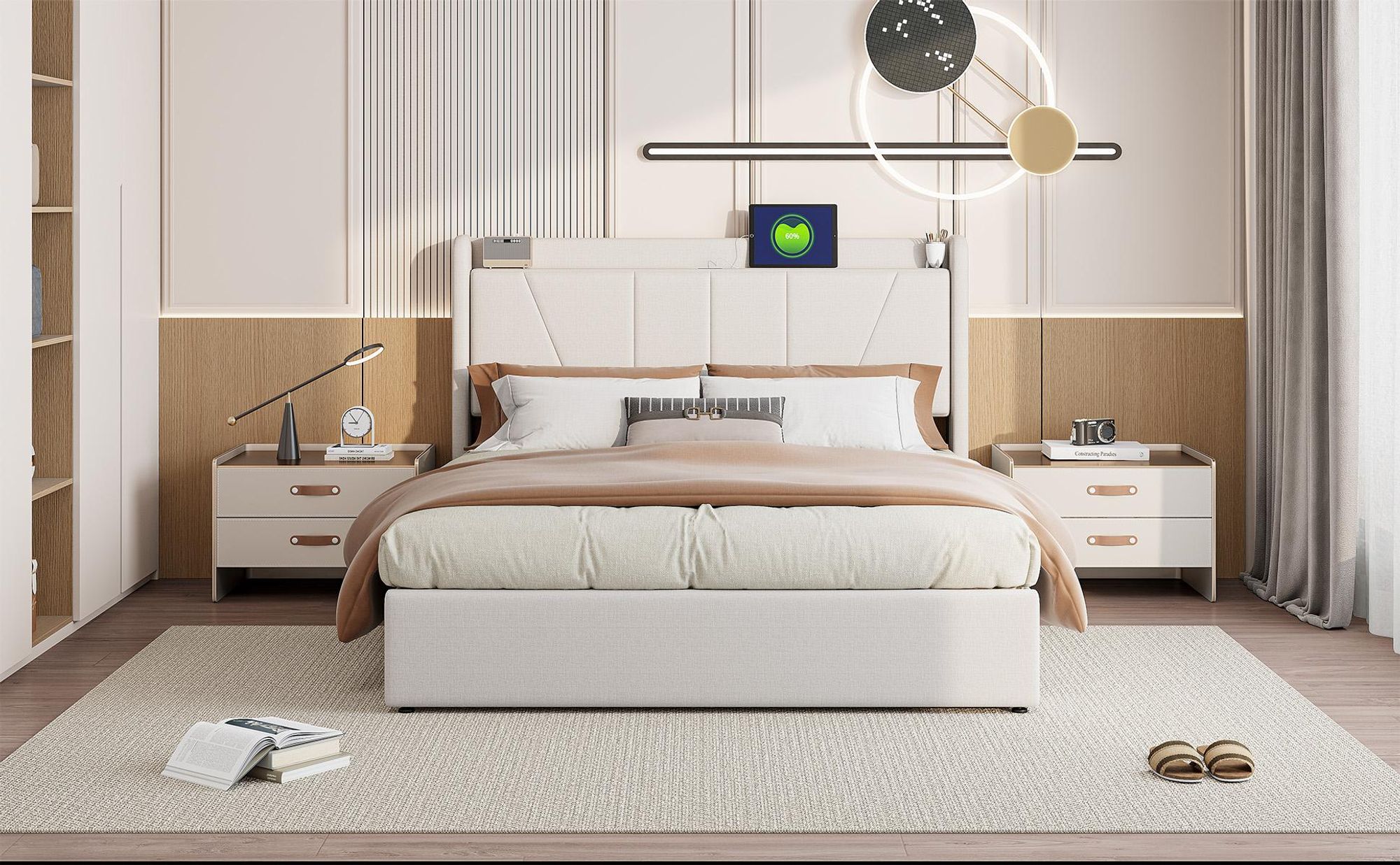 Fortuna Lai Polsterbett 160x200cm mit USB, Jugendbett Doppelbett mit Lattenrost und Stauraum, Stauraumbett, Leinen, Beige