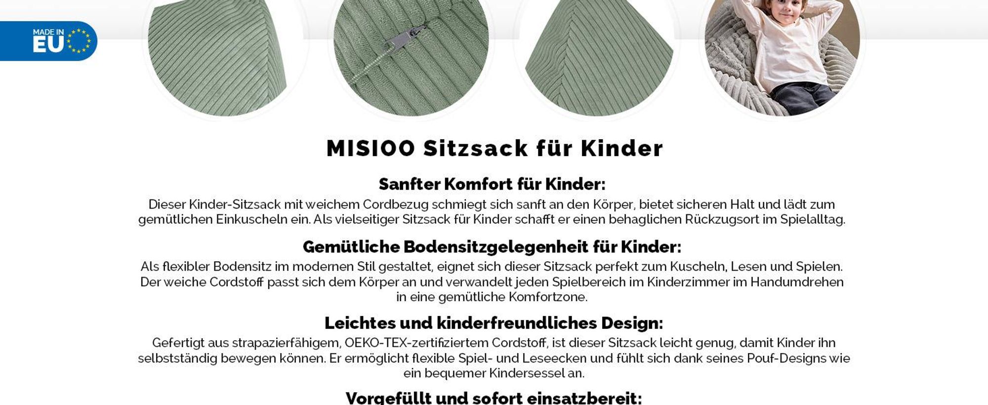 MISIOO Kinder Sitzsack Premium - Ergonomischer - Ab 12 Monaten - Bequeme Sitzsäcke fürs Kinderzimmer - Sitzsack mit Leichter Styroporfüllung