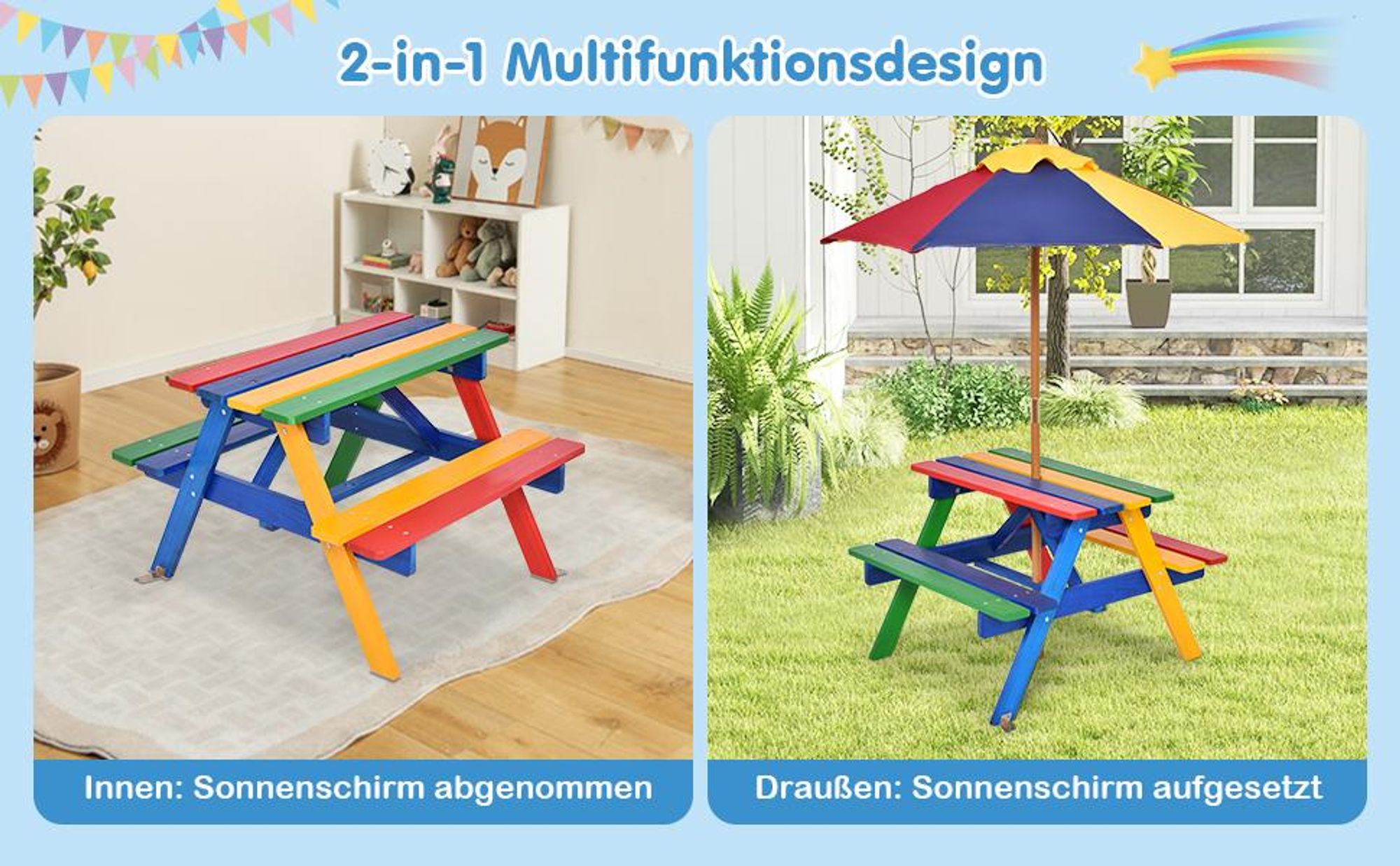 COSTWAY Kindersitzgruppe mit Sonnenschirm, Kindersitzgarnitur aus Massivholz, Kinder Picknicktisch, Sitzgruppe Outdoor, Sitzgarnitur, Gartenmöbel