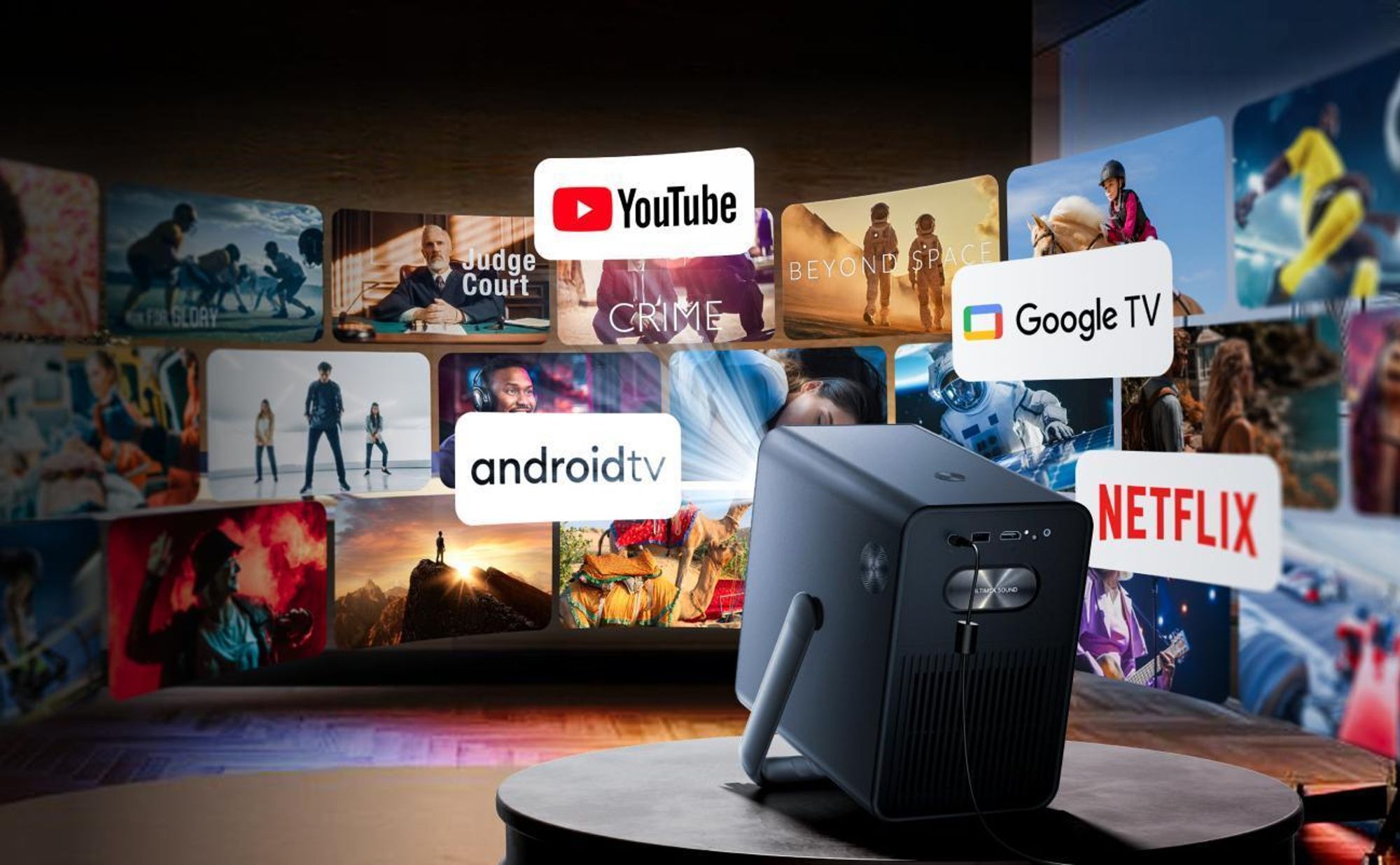 Poseidon E40 Projektor, Android TV 11.0 s Netflixem, Dolby Audio projektor, 2000:1, 1920 x 1080 px, držadlo na přenášení, přenosný projektor Native 1080P