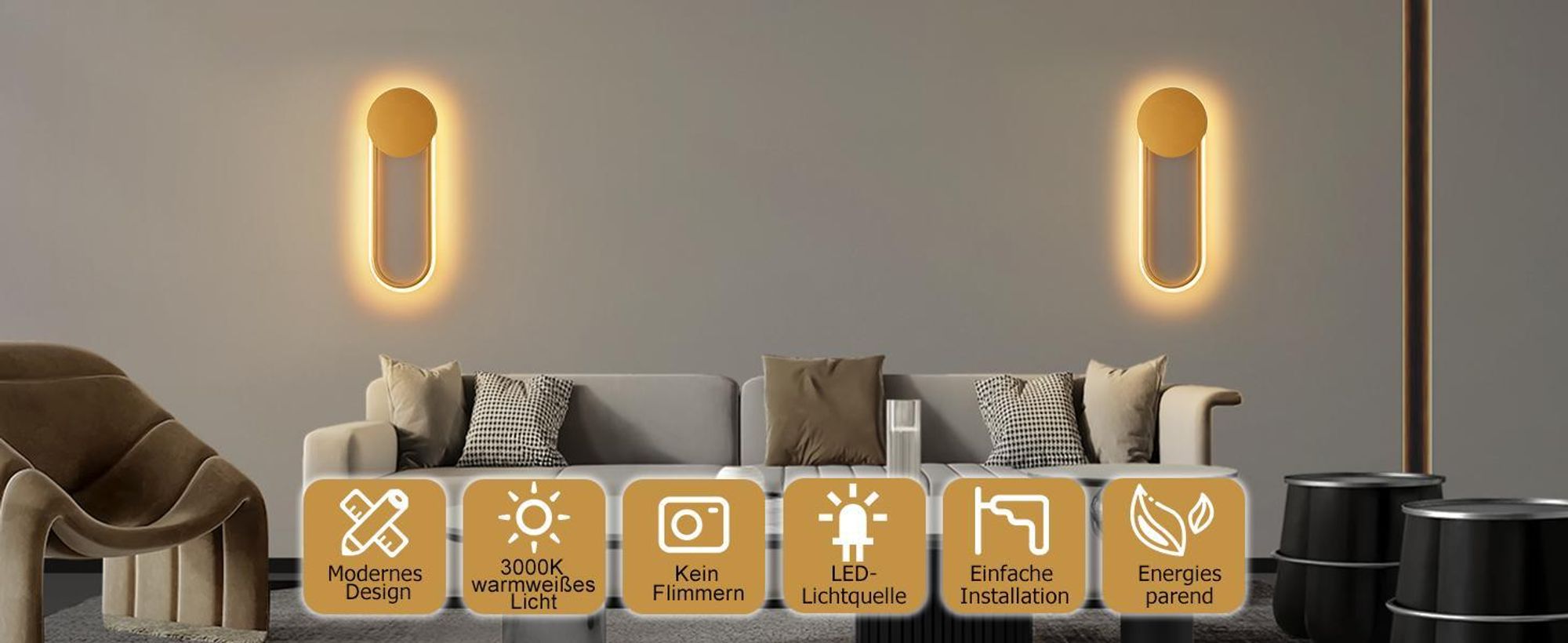 ZMH LED Wandleuchte Innen Wandlampe 12W Treppenhauslampe 41cm Gold Flurlampe Modern Design 3000K Warmweiß Minimalistische Wandbeleuchtung für Schlafzimmer Wohnzimmer Flur Treppenhaus Küche