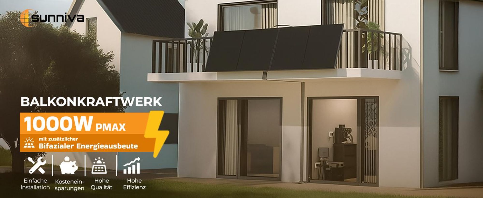 SUNNIVA® 1000W Balkonkraftwerk BIFAZIAL FULLBLACK komplett Steckdose HOYMILES 2x 400 Watt Wechselrichter, Komplettset 2x500W PV Solaranlage Solarmodule