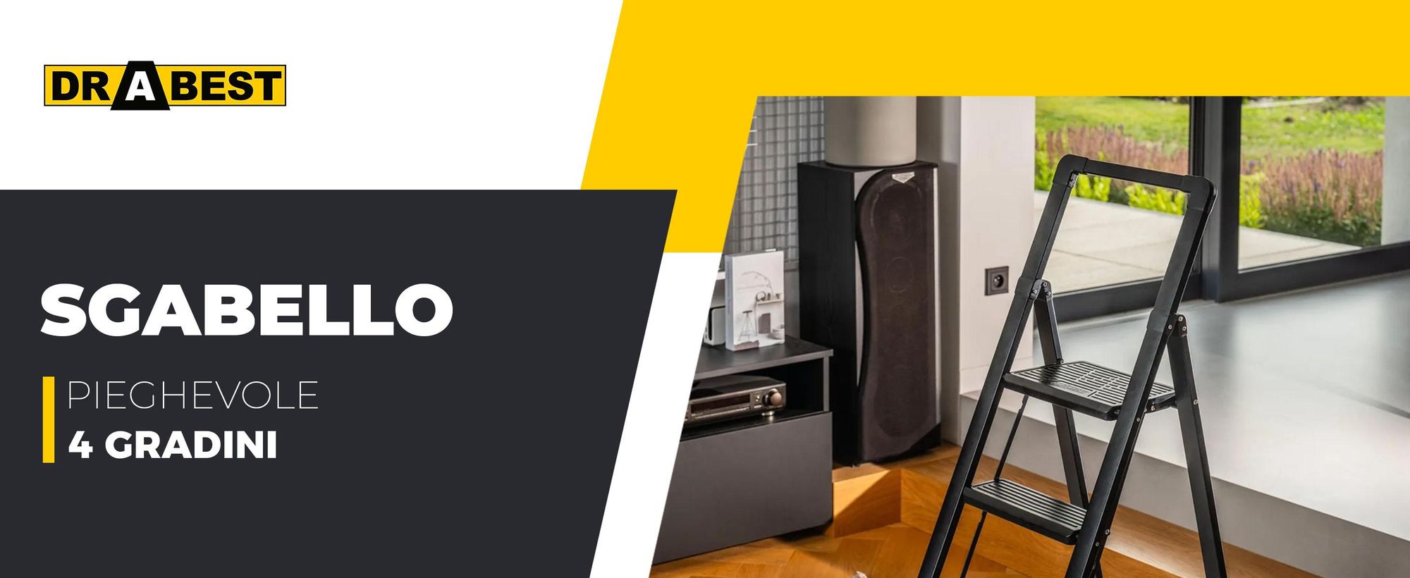 Drabest | Scala pieghevole in acciaio, modello "Slim", per uso domestico e in officina. Colore: nero. 4 gradini. Pieghevole. Capacità massima di carico: 150 kg. Altezza di lavoro: 2,88 metri