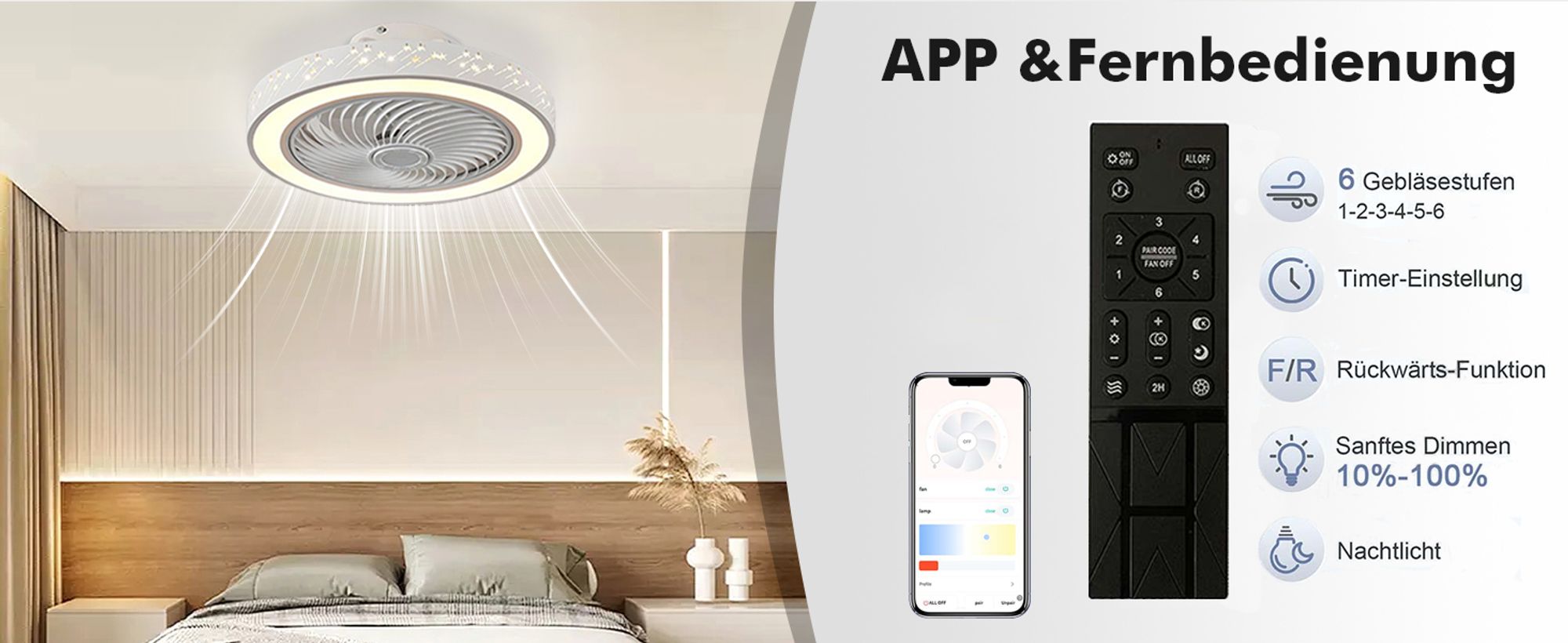 Smart Deckenventilator mit Beleuchtung und Fernbedienung 3000K-6000K Dimmbar LED Deckenleuchte mit Ventilator 6 Windgeschwindigkeit Lüfterleuchte