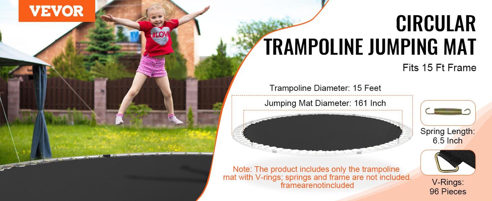VEVOR Ersatz-Trampolinmatte, Sprungmatte passt auf 14ft Rahmen, Universelle Sprungmatte für 14ft Rundtrampolin, Verstärkte UV-beständige Matte mit Federwerkzeug & langlebigen V-Ringen, passend für 6,5"-7" Federlänge