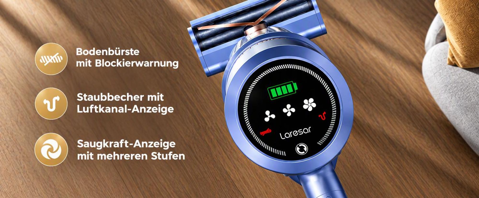 Laresar V11 Akku-Staubsauger, Kabelloser Stielstaubsauger 190 AW, 90 Min-LED-Touchscreen, Stauberkennung, 99,99 % Filtration, selbststehendes Design