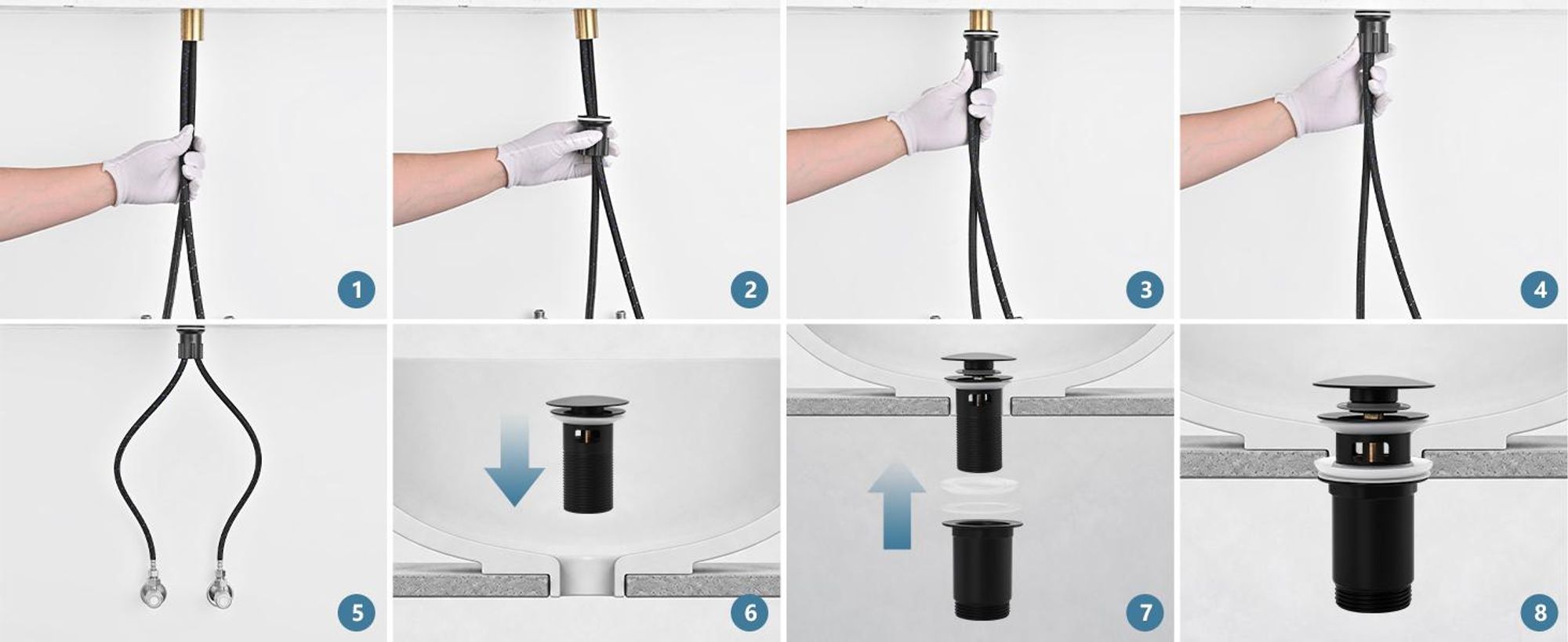 Homelody Wasserhahn Bad Schwarz +Universal Ablaufgarnitur Schwarz, Armatur Mischbatterie Waschbeckenarmatur mit Pop-Up Ventil Edelstahl Messing