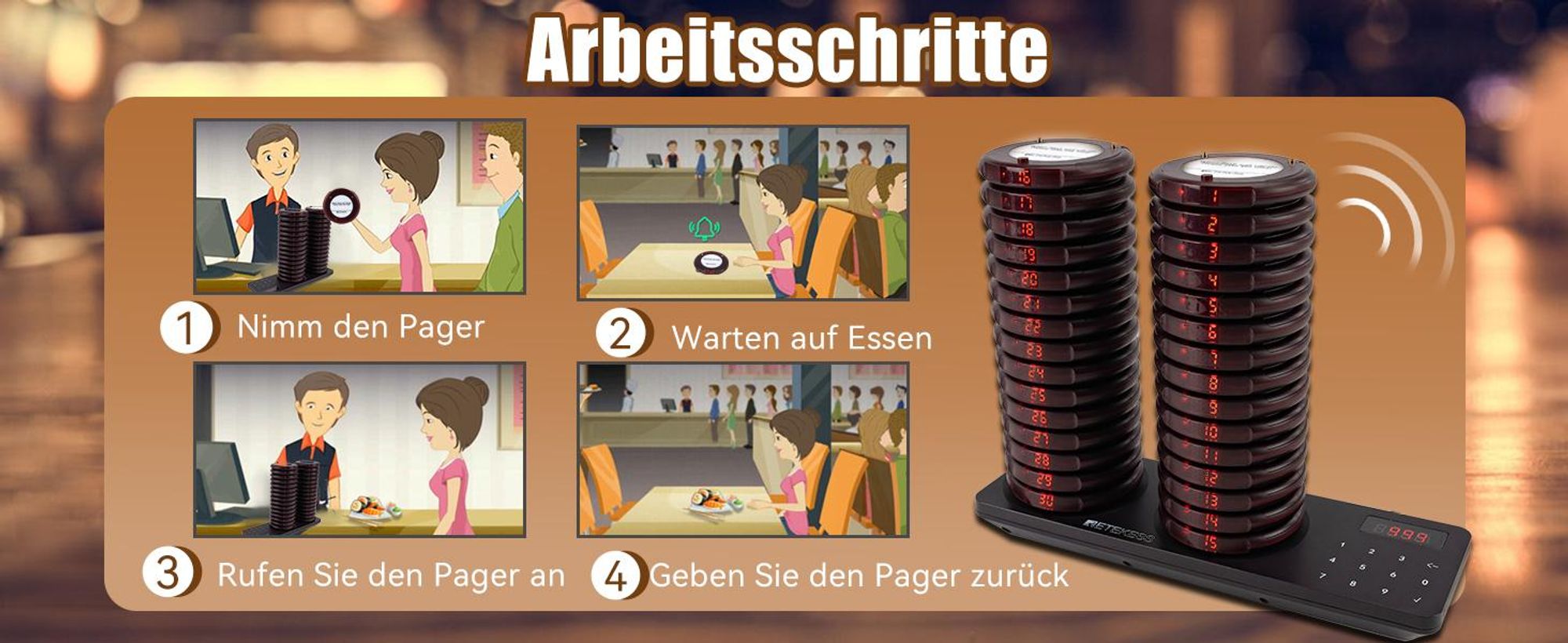 Retekess TD163 Restaurant Pager System, Pager Rufsystem, 500M, 40 Pagers, 31 Rufmod, 300mAh 20H, Pager set für Fast Food, Hotel, Café, Bar