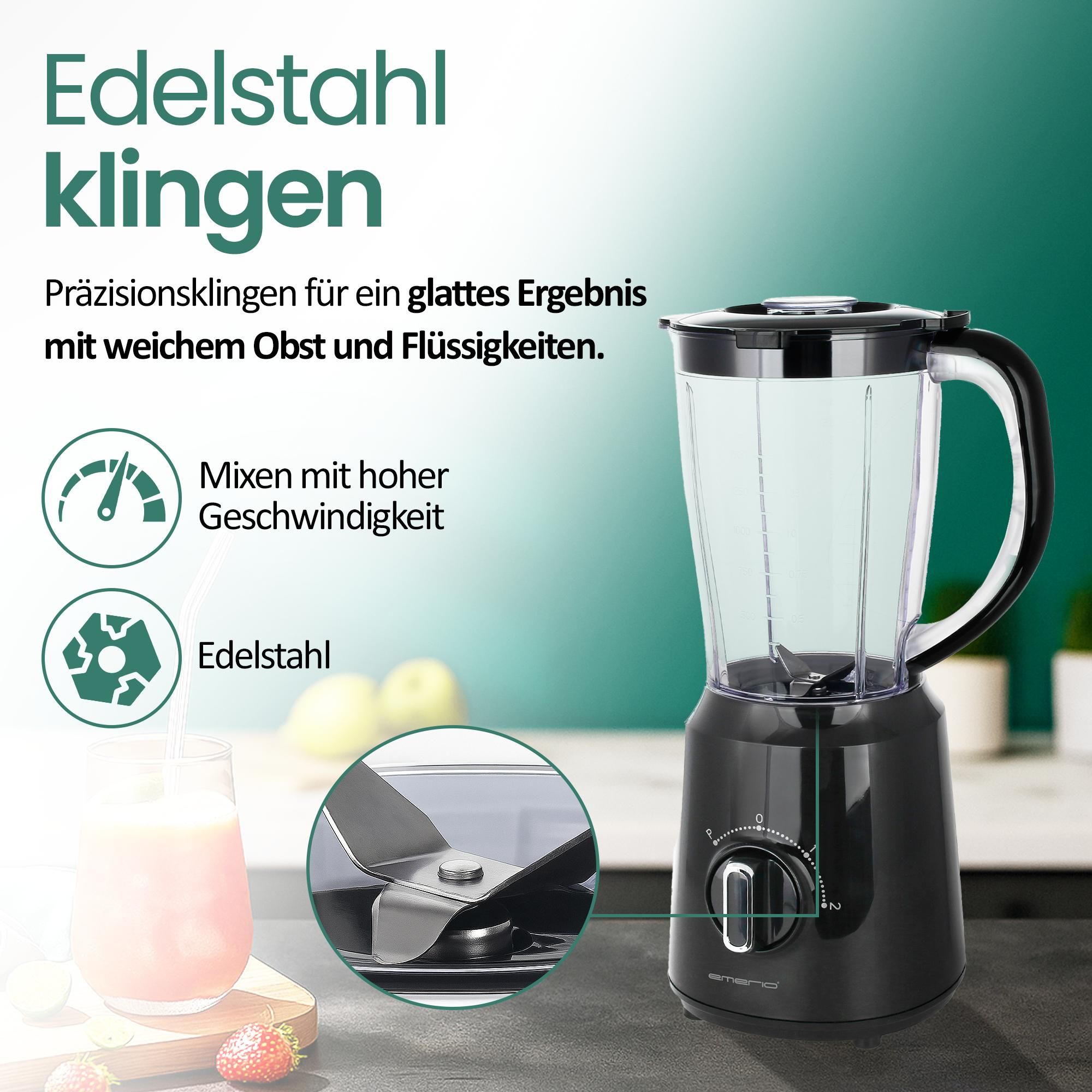 Emerio Blender 1,5 L – Smoothie-Maker mit 2 Geschwindigkeiten – Edelstahlmesser & spülmaschinengeeignet – 500 W – Blender-to-Go BL-124816.8 – Schwarz