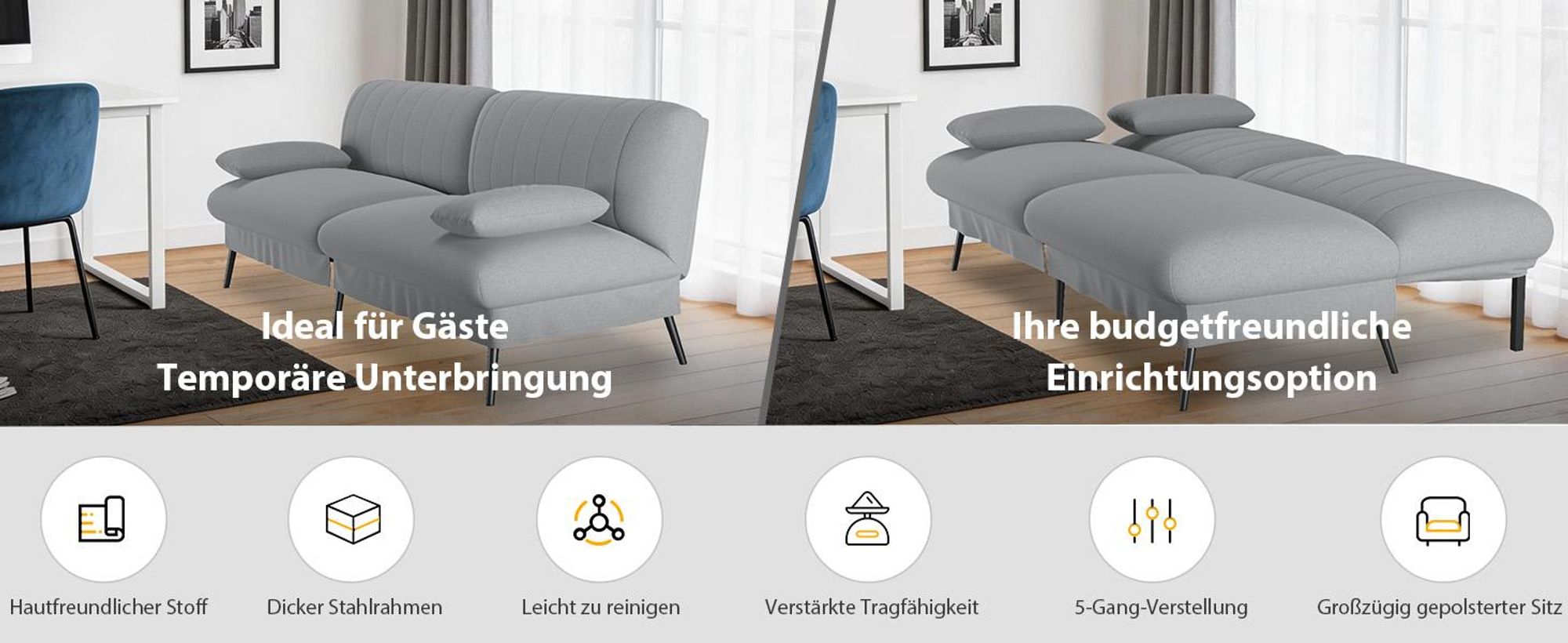 COMHOMA Klappbares Schlafsofa mit Schlaffunktion - 2-in-1 Couch, Multifunktionales Schlafsofa mit Großer Liegefläche, Platzsparendes Bettsofa Grau
