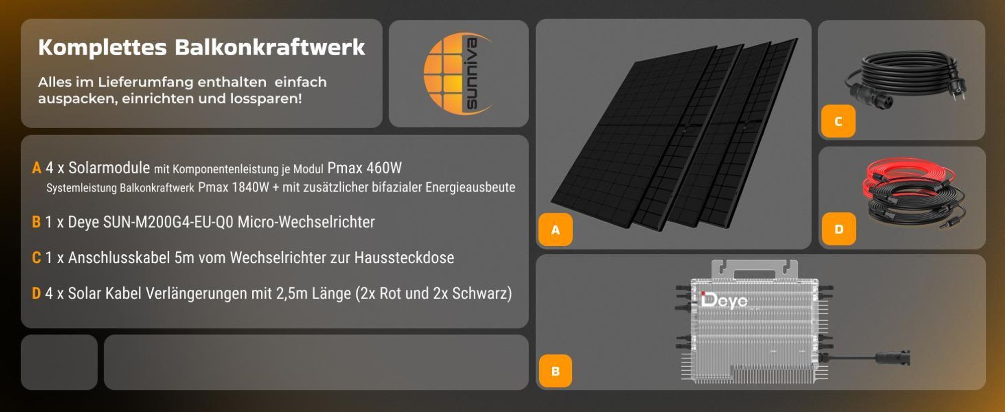 SUNNIVA® 1840W Balkonkraftwerk BIFAZIAL FULLBLACK komplett Steckdose DEYE 2000 Watt Wechselrichter, Komplettset 4x 460W PV Solaranlage Solarmodule
