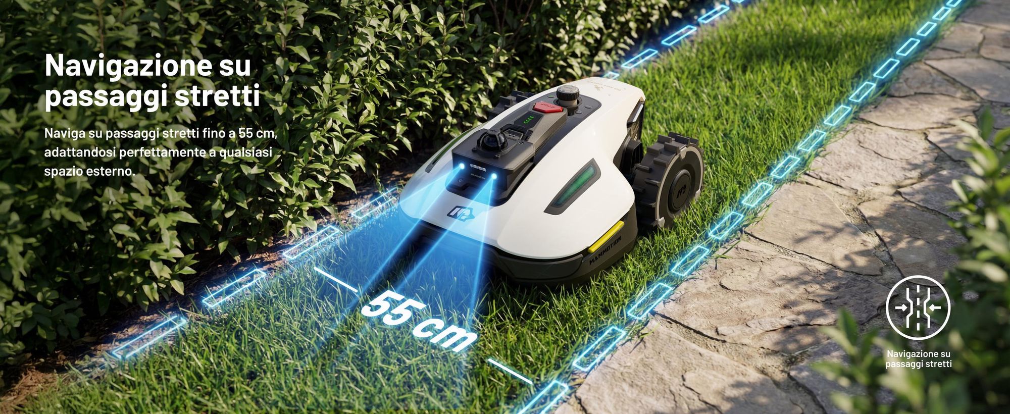 Robot tagliaerba Mammotion YUKA Mini 2 1000 con garage, senza filo, fino a 1000 m², 360 LiDAR + Visione AI, DropMow, mappatura auto, taglio bordi, APP