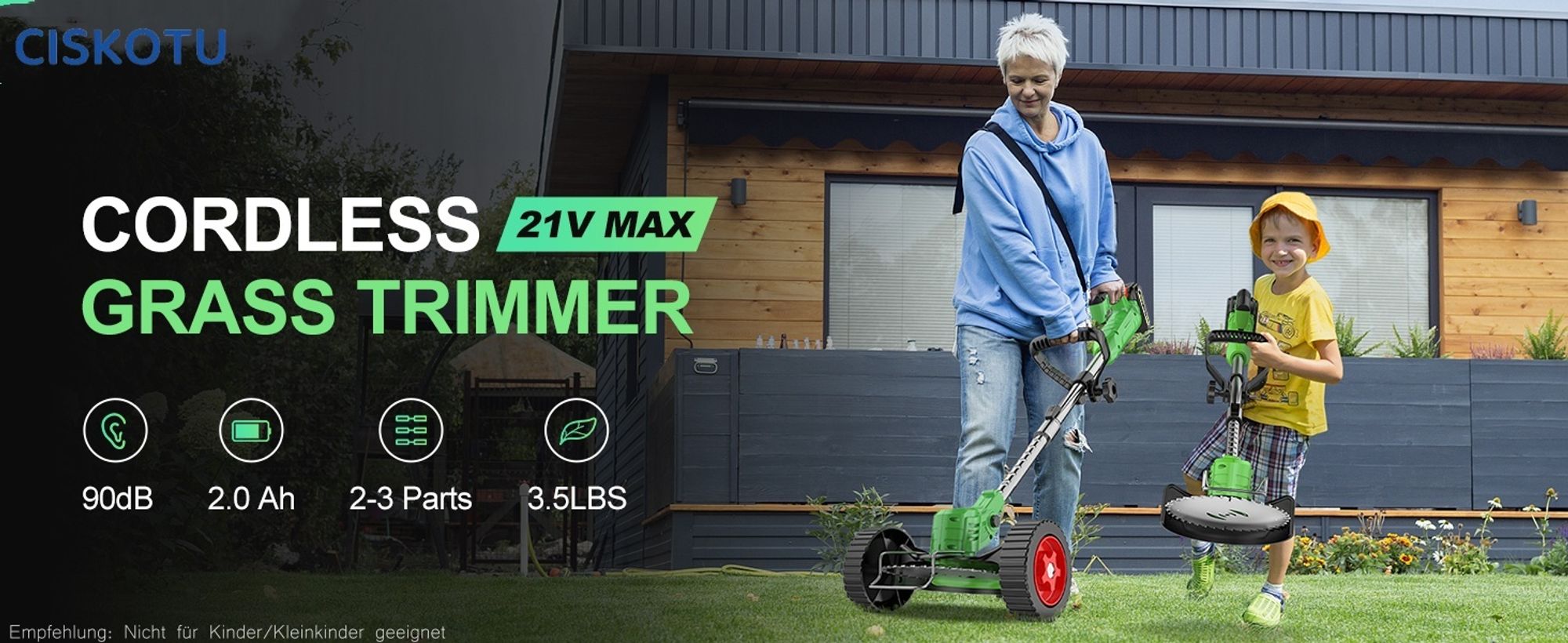 Akku-Rasentrimmer 21V mit 2 Batterien, Freischneider, Motorsense, mit Akku und Ladegerät, Teleskop-Stiel & Zusatzhandgriff, Grün